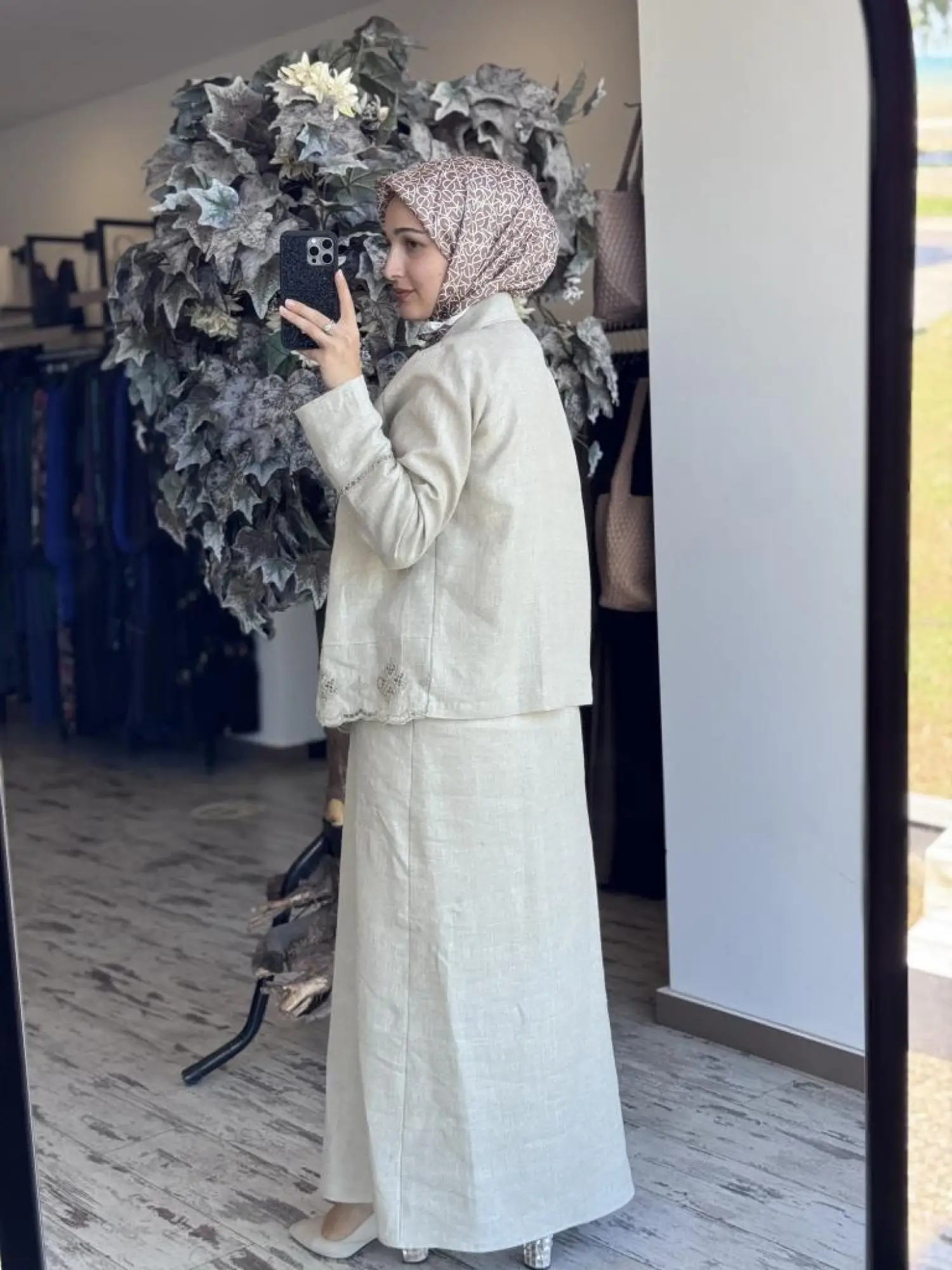 Tığ Triko Beyaziş Nakışlı Keten Kruvaze Ceket Etek Takım TKM3087