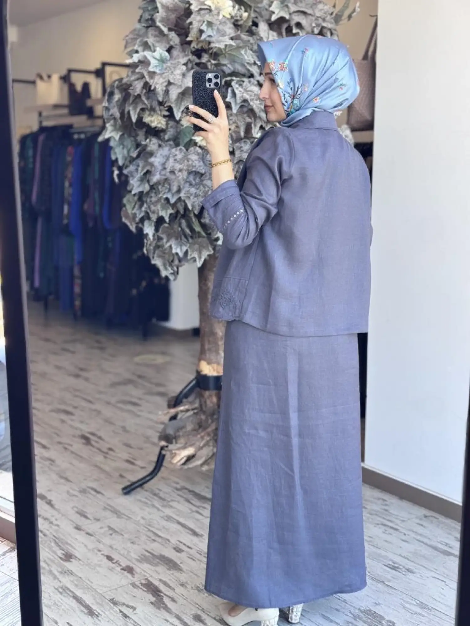 Tığ Triko Beyaziş Nakışlı Keten Kruvaze Ceket Etek Takım TKM3087