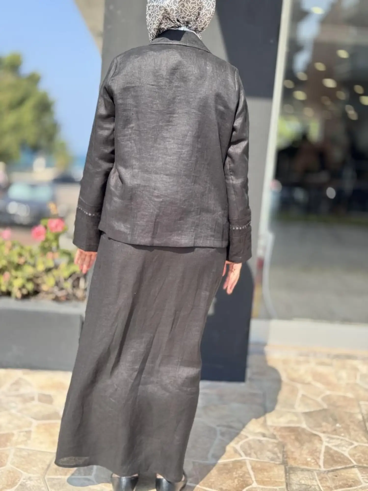 Tığ Triko Beyaziş Nakışlı Keten Kruvaze Ceket Etek Takım TKM3087