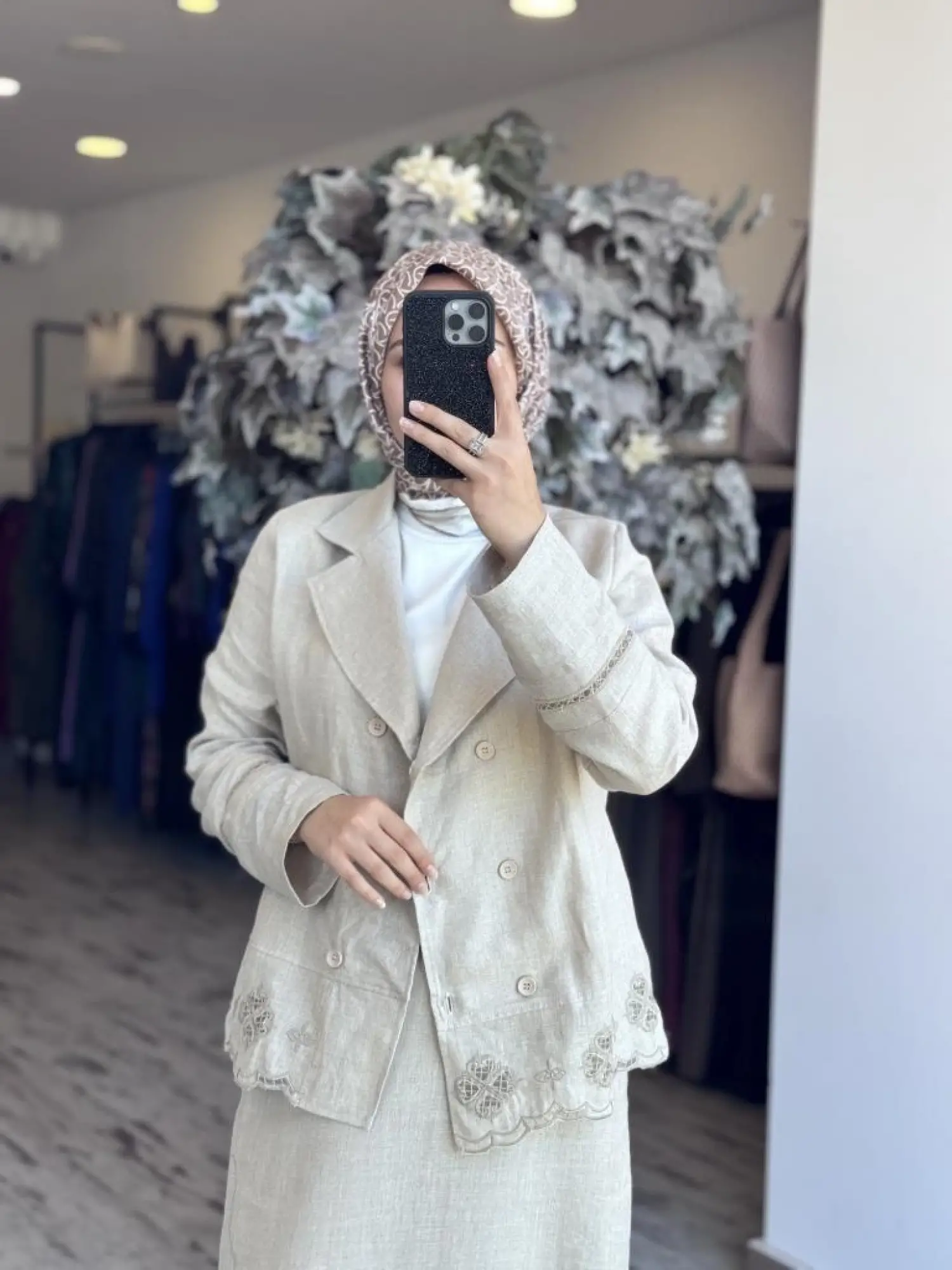 Tığ Triko Beyaziş Nakışlı Keten Kruvaze Ceket Etek Takım TKM3087