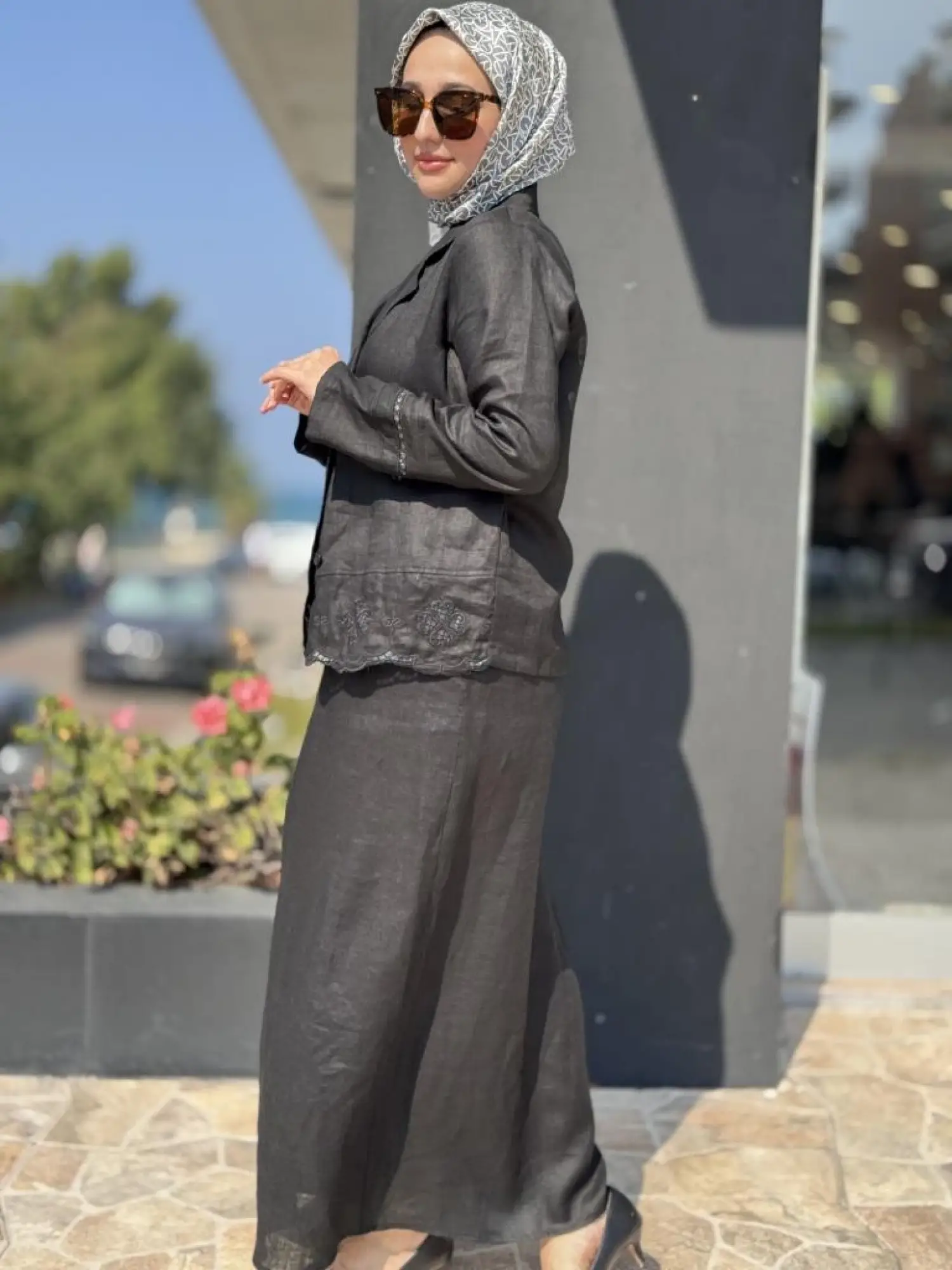 Tığ Triko Beyaziş Nakışlı Keten Kruvaze Ceket Etek Takım TKM3087