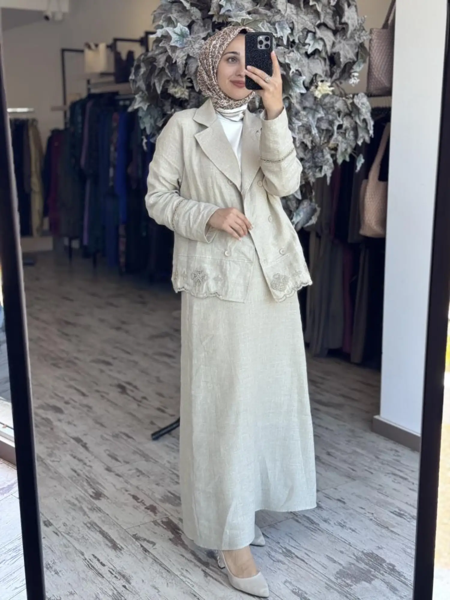 Tığ Triko Beyaziş Nakışlı Keten Kruvaze Ceket Etek Takım TKM3087