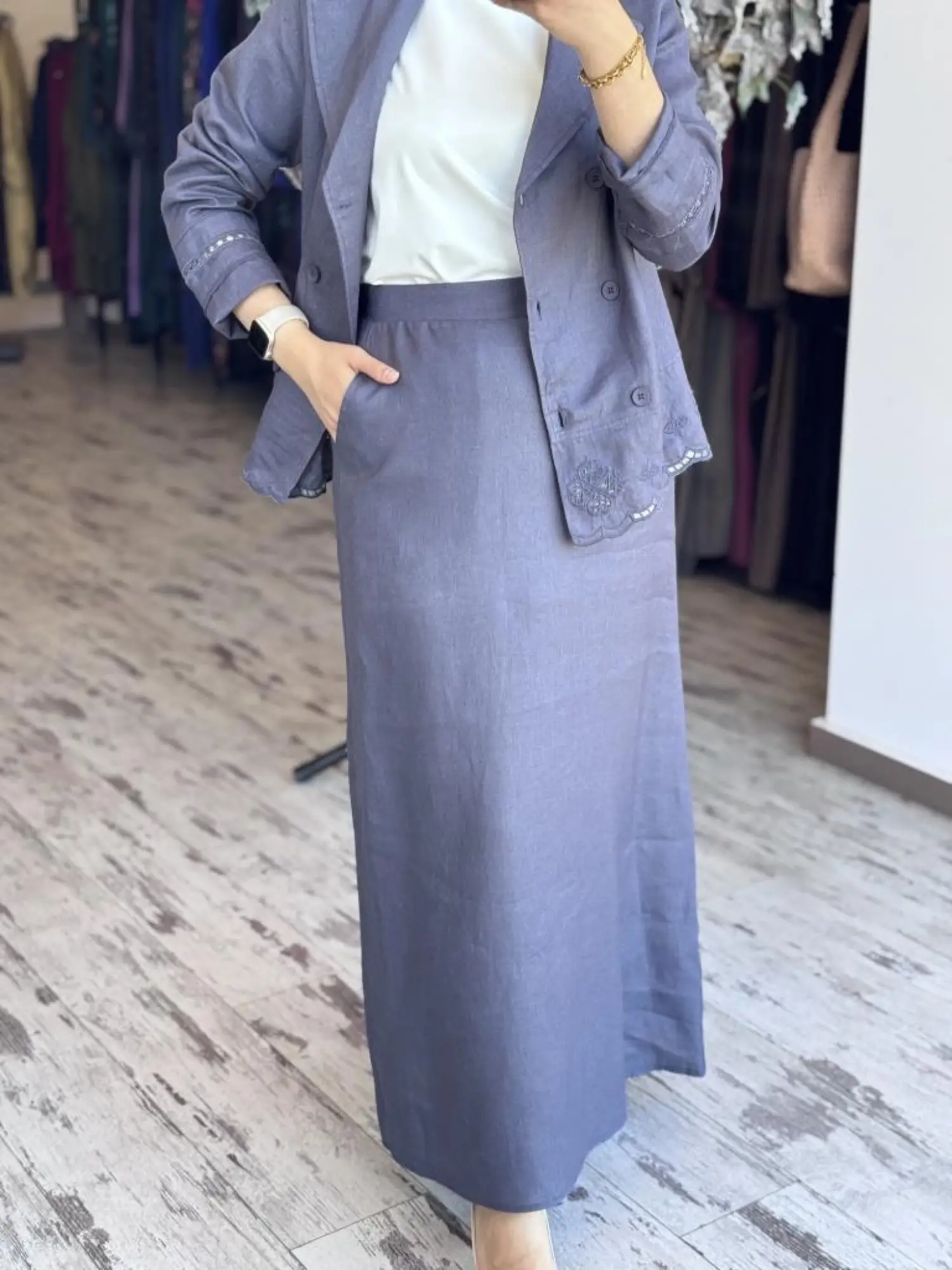 Tığ Triko Beyaziş Nakışlı Keten Kruvaze Ceket Etek Takım TKM3087