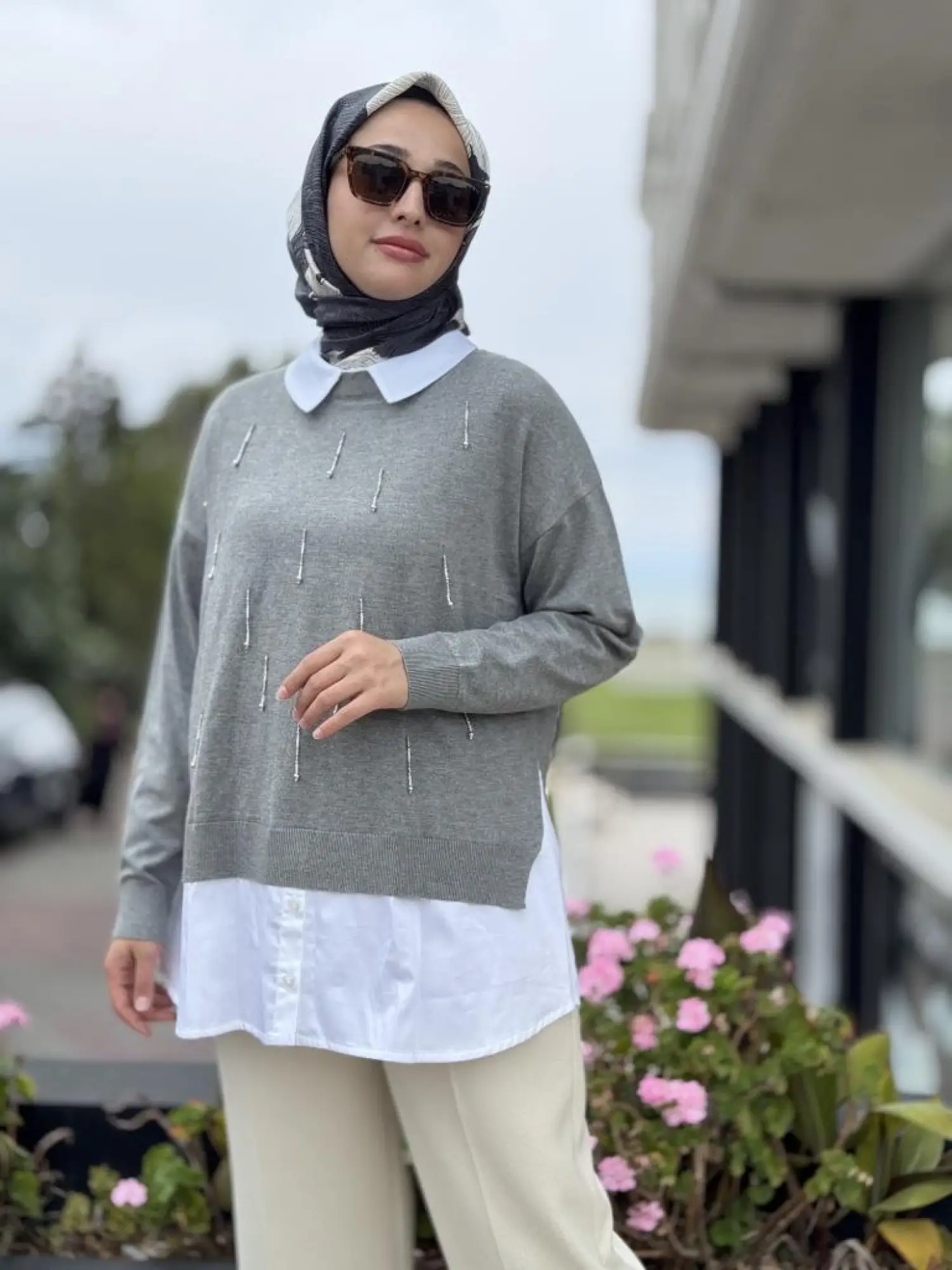 Tığ Triko Boncuk İşlemeli Gömlek Detaylı Tunik TNK21704