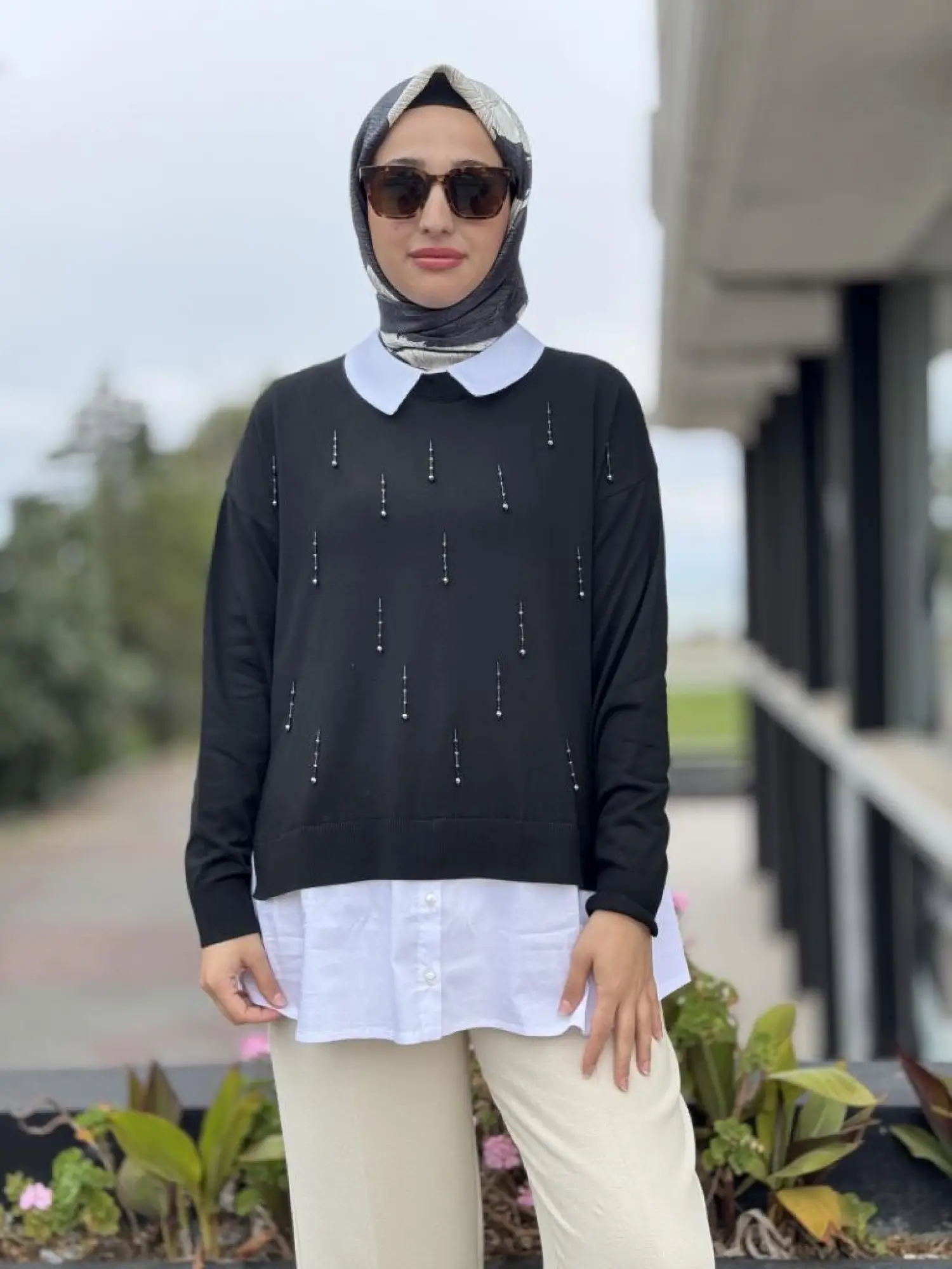 Tığ Triko Boncuk İşlemeli Gömlek Detaylı Tunik TNK21704