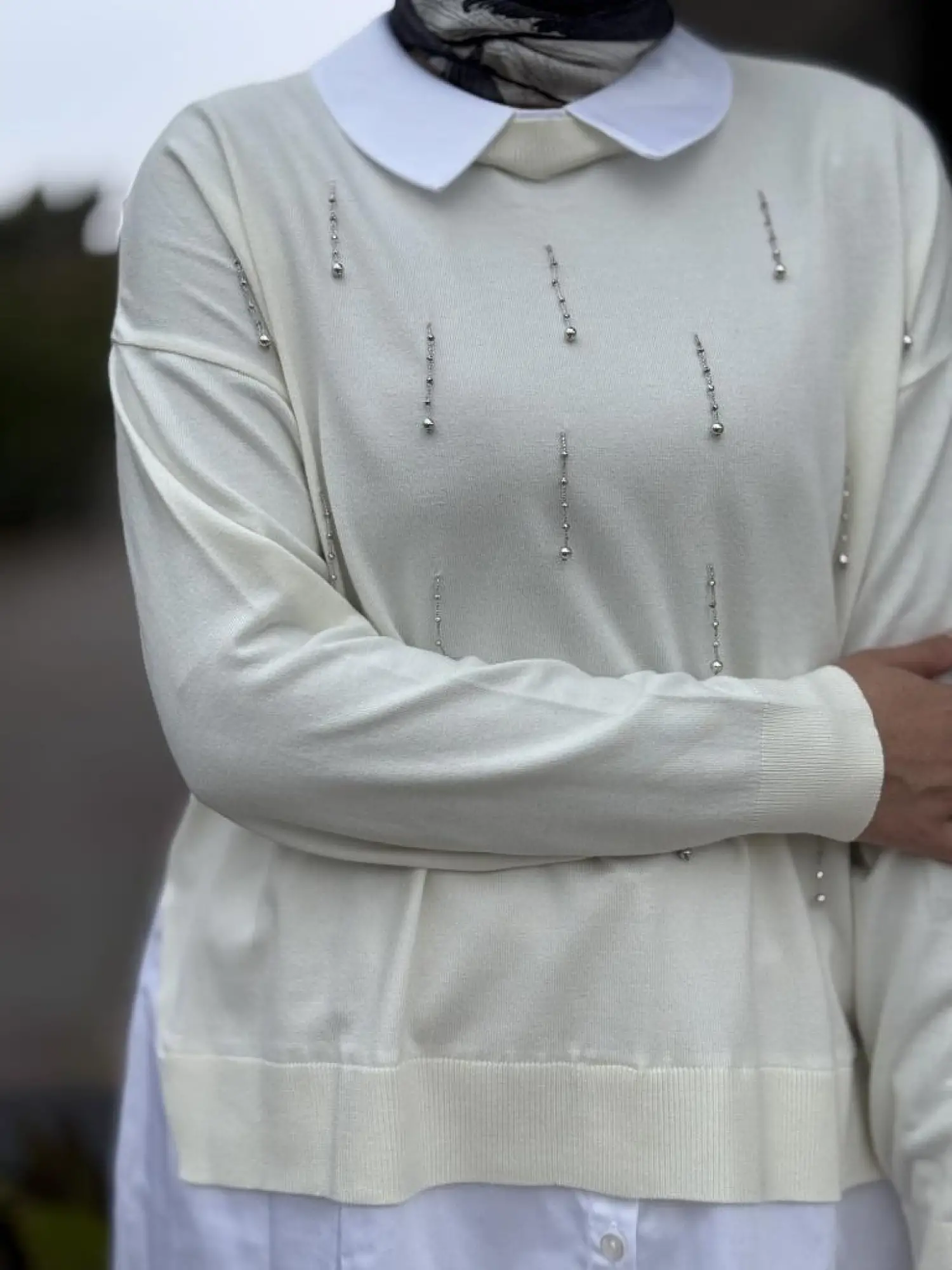 Tığ Triko Boncuk İşlemeli Gömlek Detaylı Tunik TNK21704