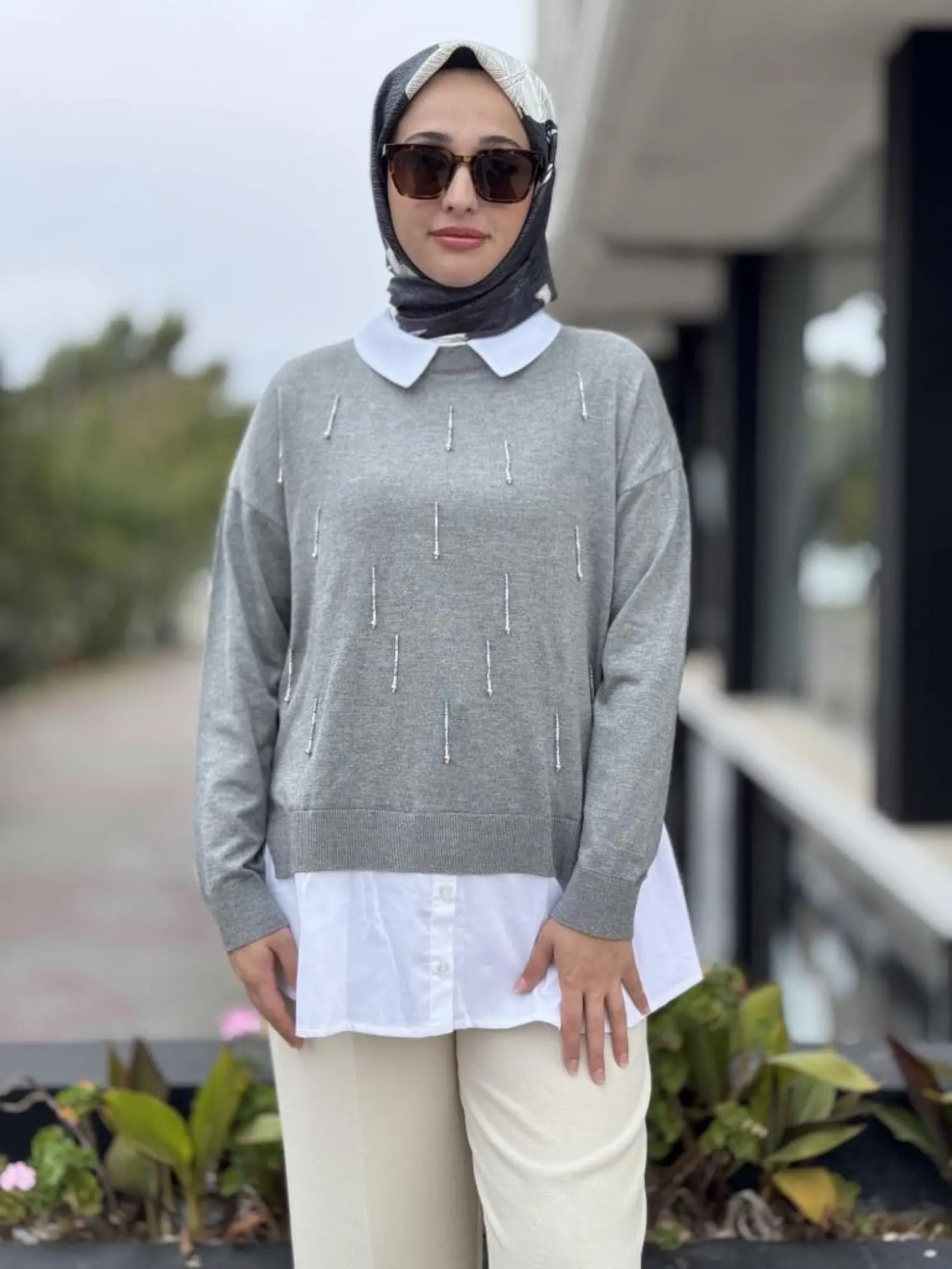 Tığ Triko Boncuk İşlemeli Gömlek Detaylı Tunik TNK21704