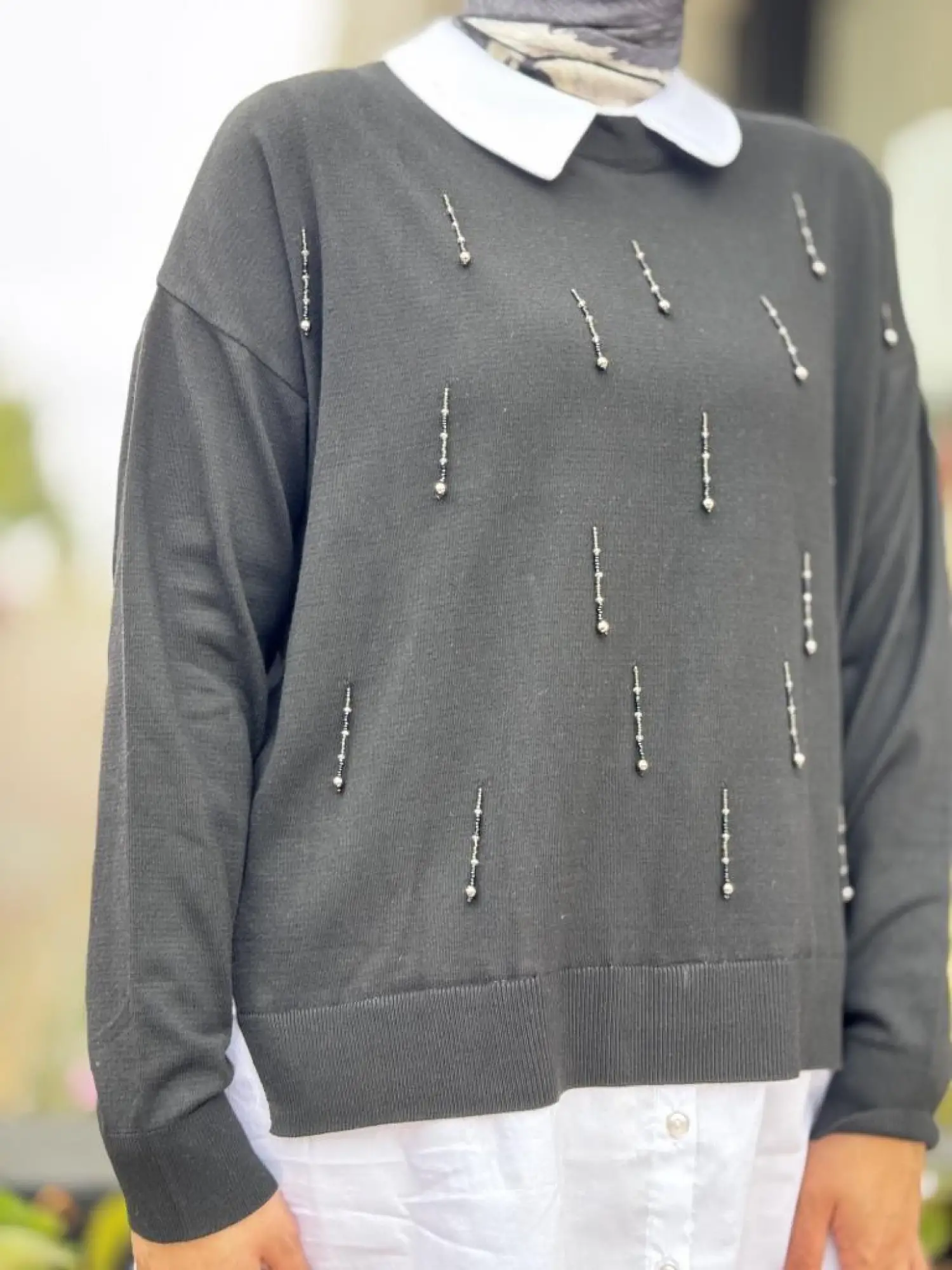 Tığ Triko Boncuk İşlemeli Gömlek Detaylı Tunik TNK21704