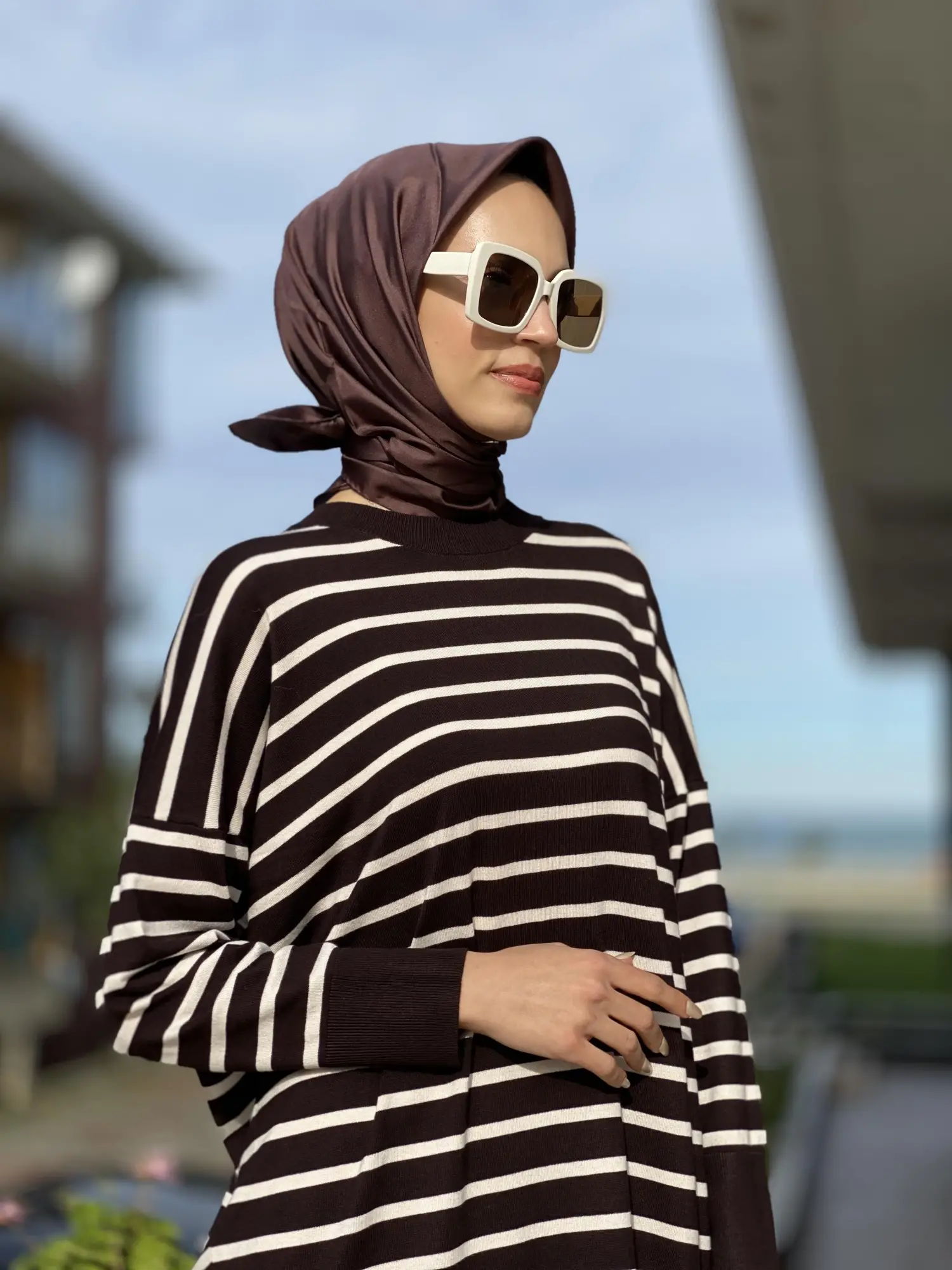 Tığ Triko Çizgili Yün Triko Tunik TNK21495