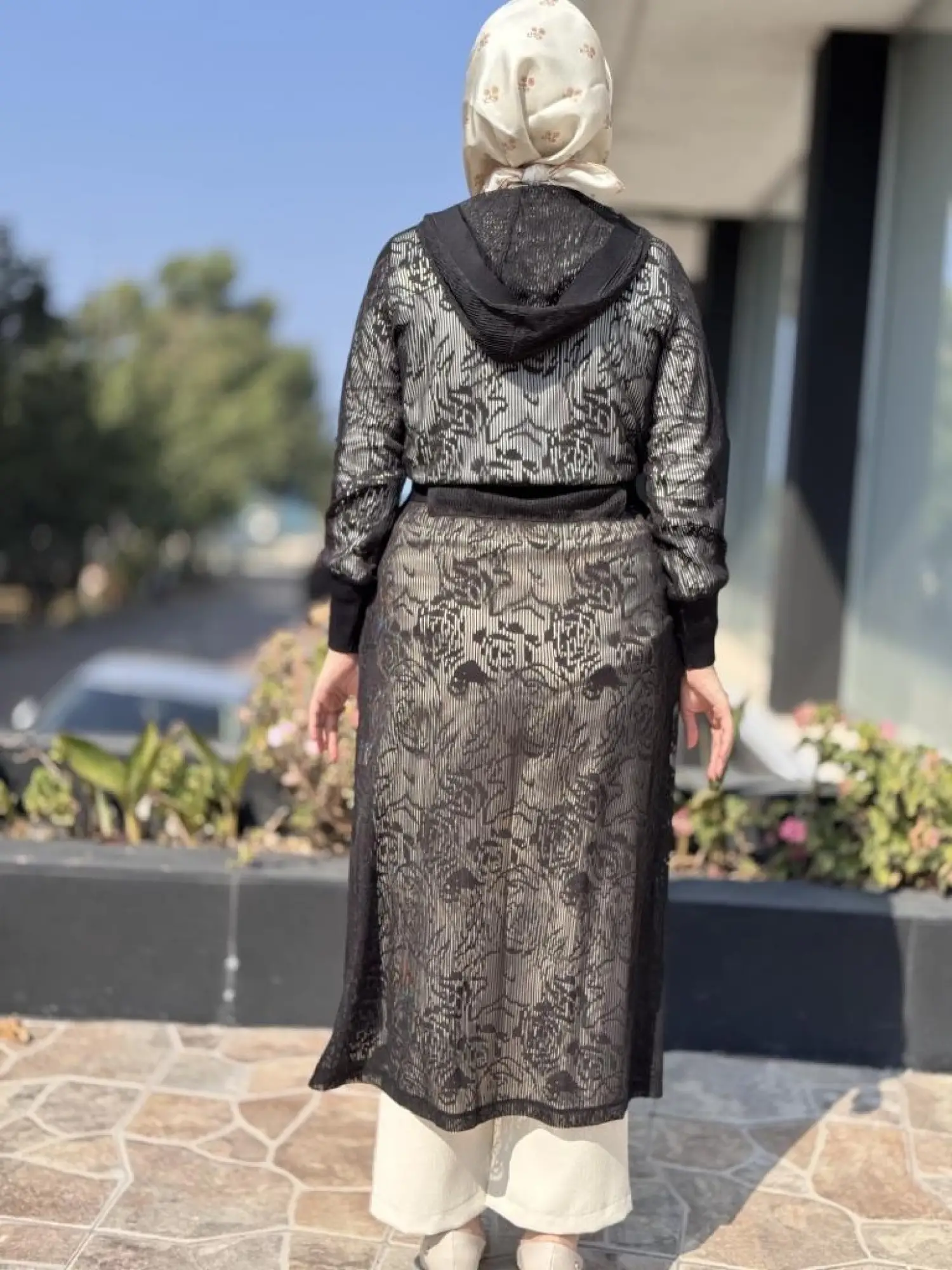 Tığ Triko Dantel Efenktli Kapüşonlu Uzun Kap KAP2094