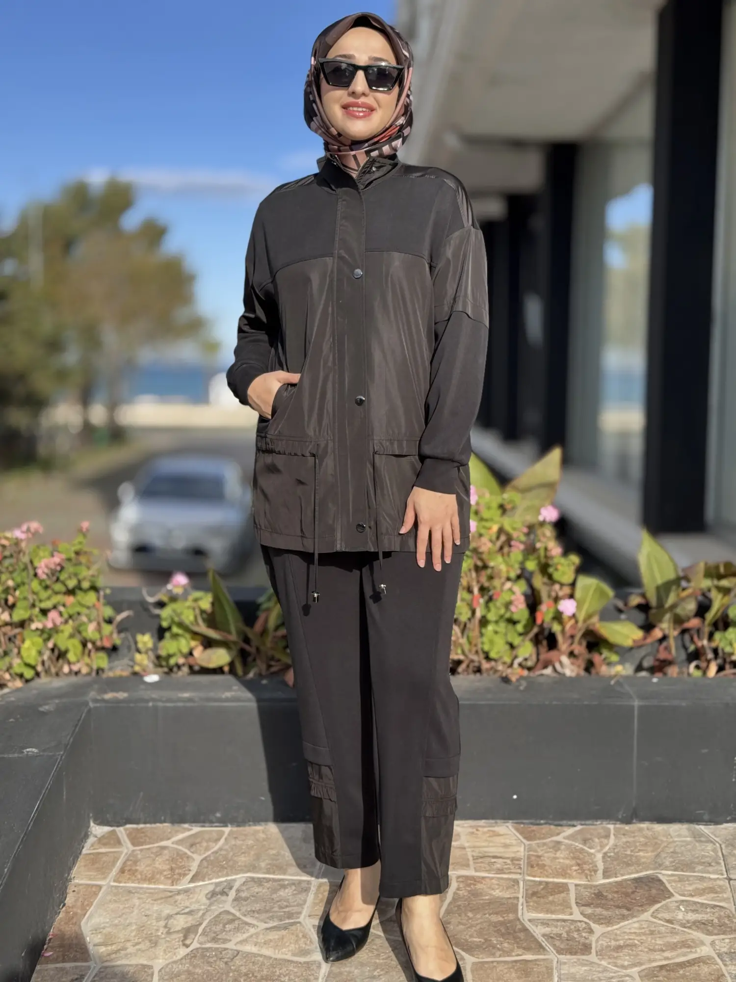 Tığ Triko Dik Yaka Önden Patlı Mix Pantolonlu Takım TKM5049