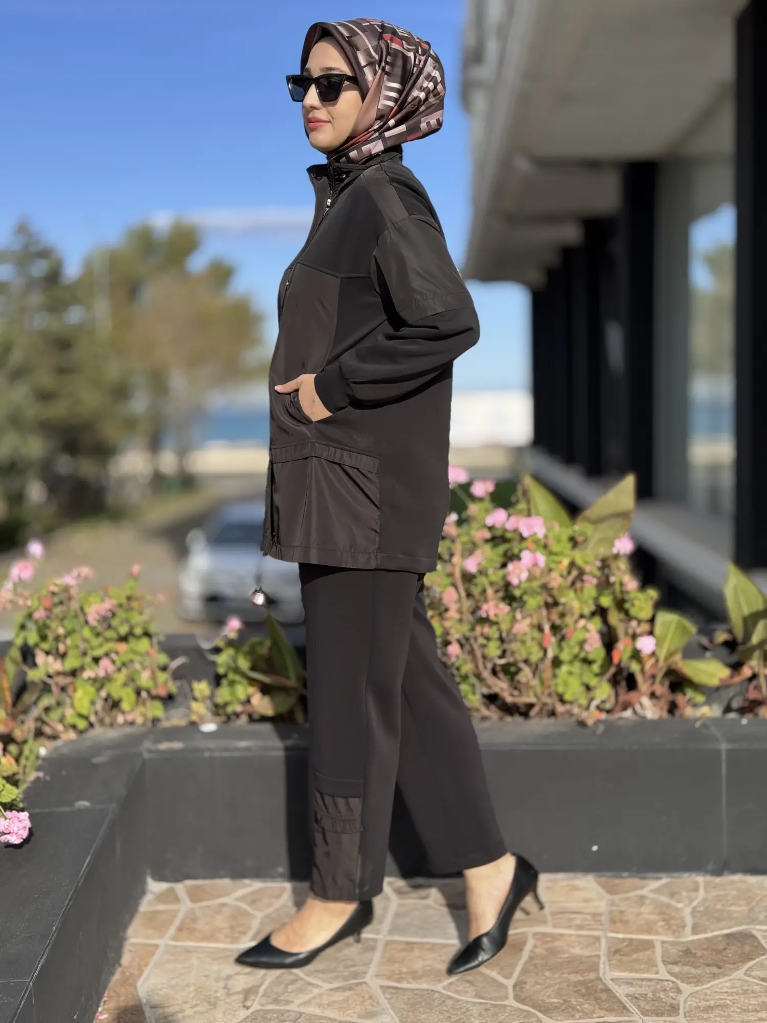 Tığ Triko Dik Yaka Önden Patlı Mix Pantolonlu Takım TKM5049