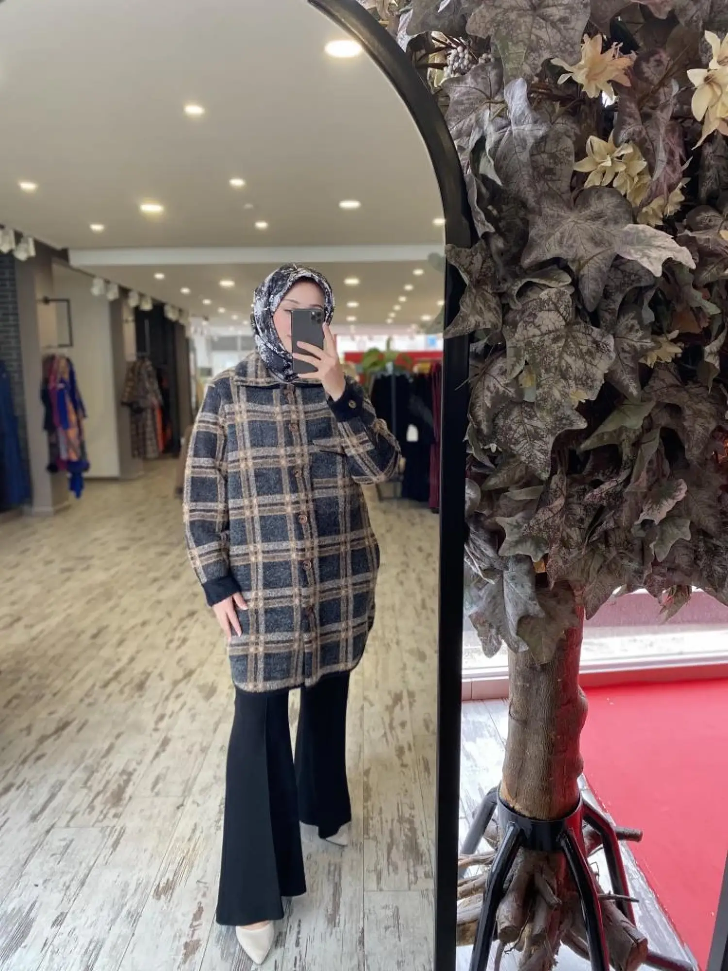 Tığ Triko Ekose Desenli Mink Kaban KBN21625