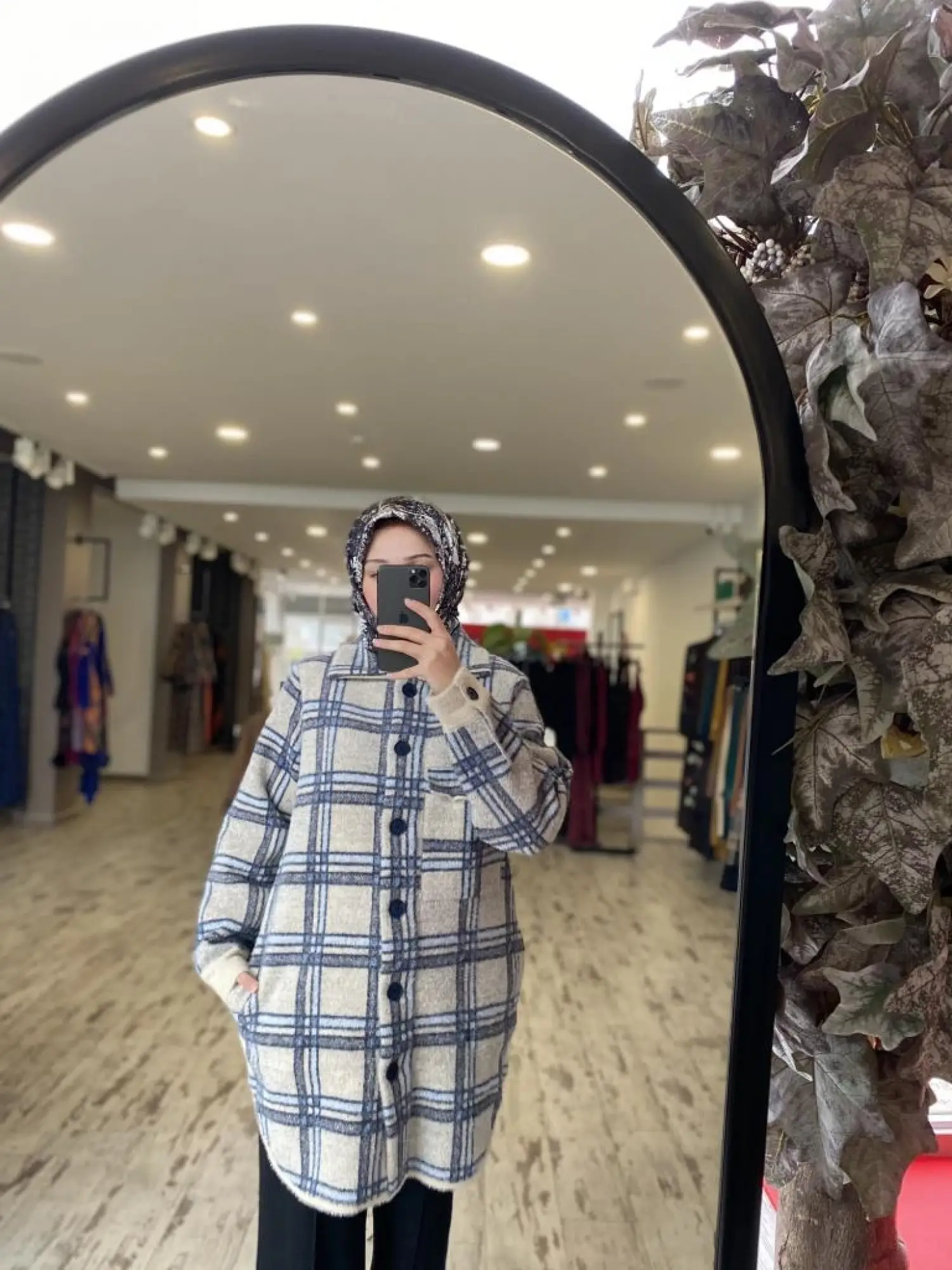 Tığ Triko Ekose Desenli Mink Kaban KBN21625