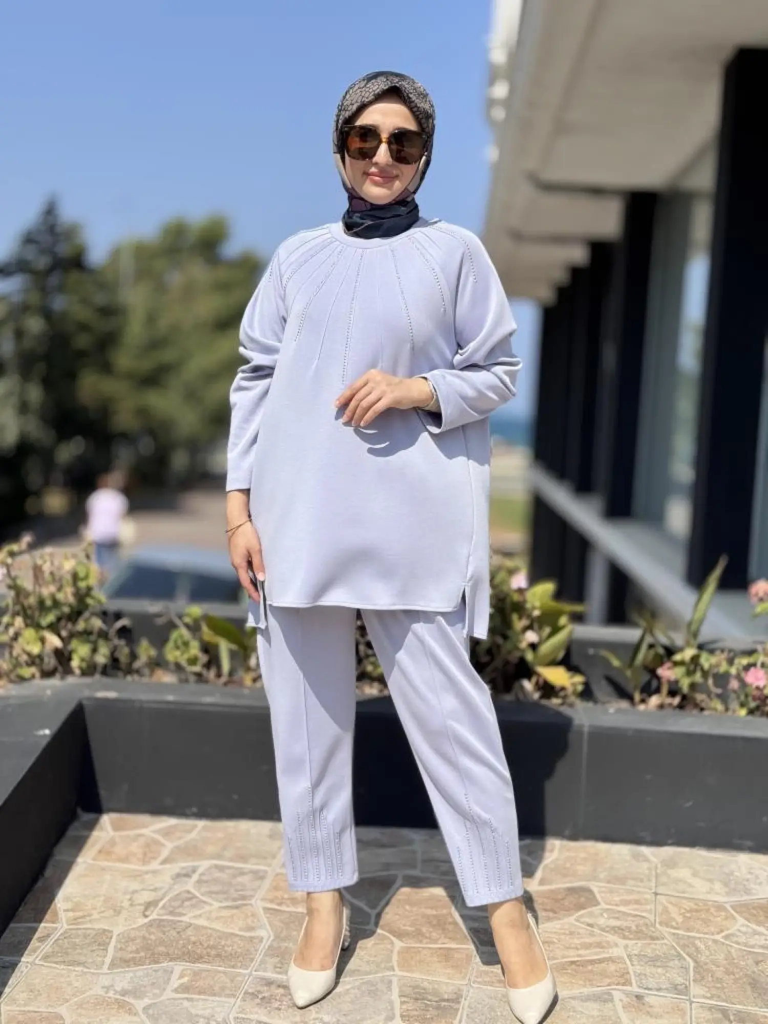 Tığ Triko Metal Süslemeli Nervürlü Tunik Pantolon Takım TKM3043