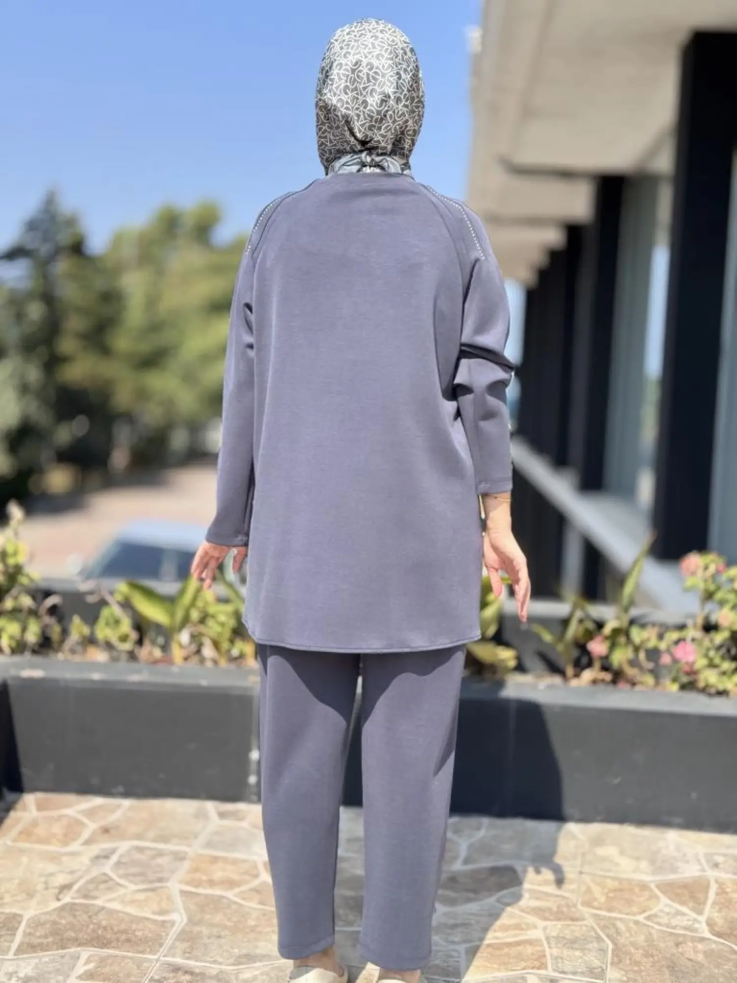 Tığ Triko Metal Süslemeli Nervürlü Tunik Pantolon Takım TKM3043