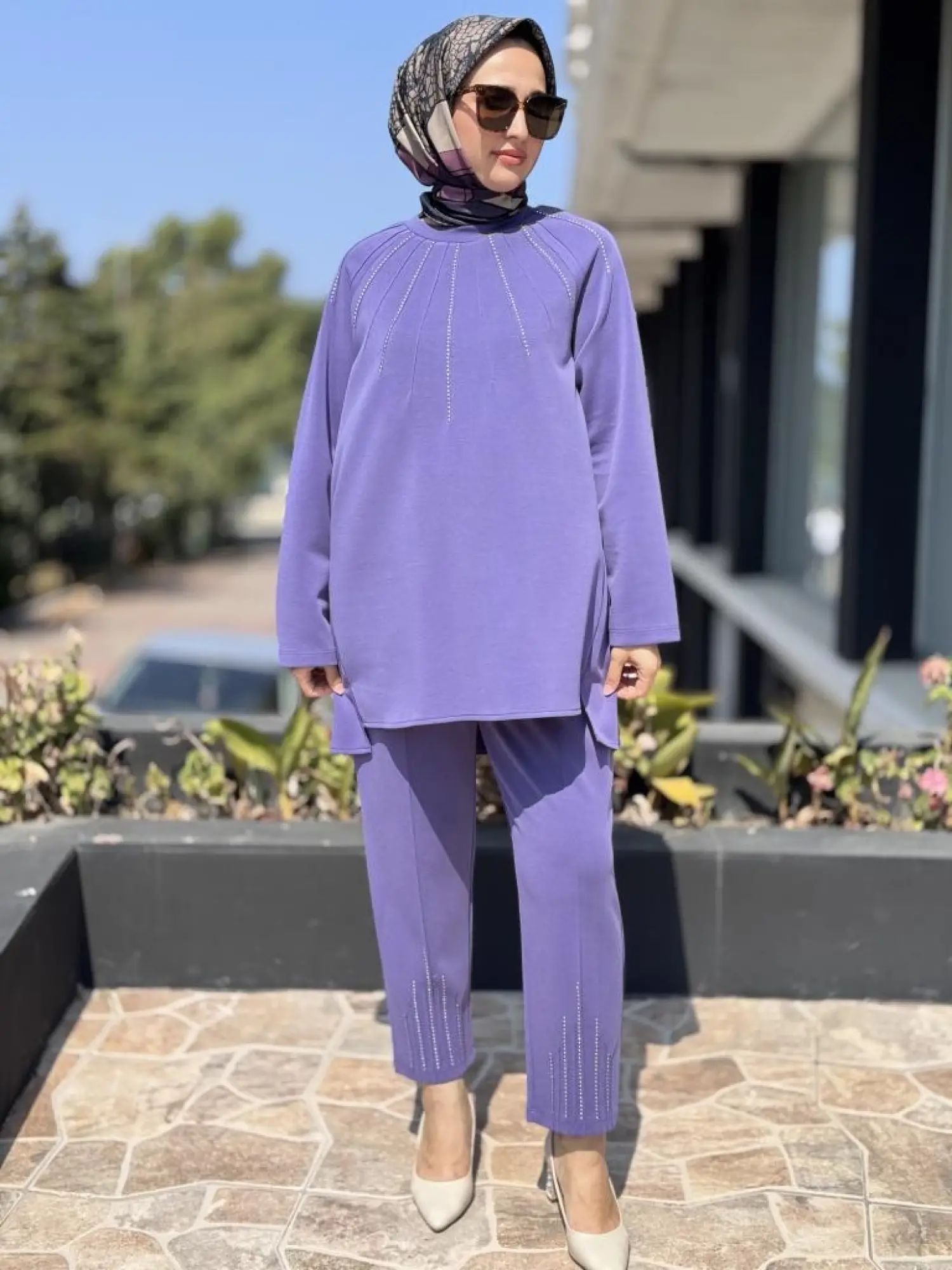 Tığ Triko Metal Süslemeli Nervürlü Tunik Pantolon Takım TKM3043