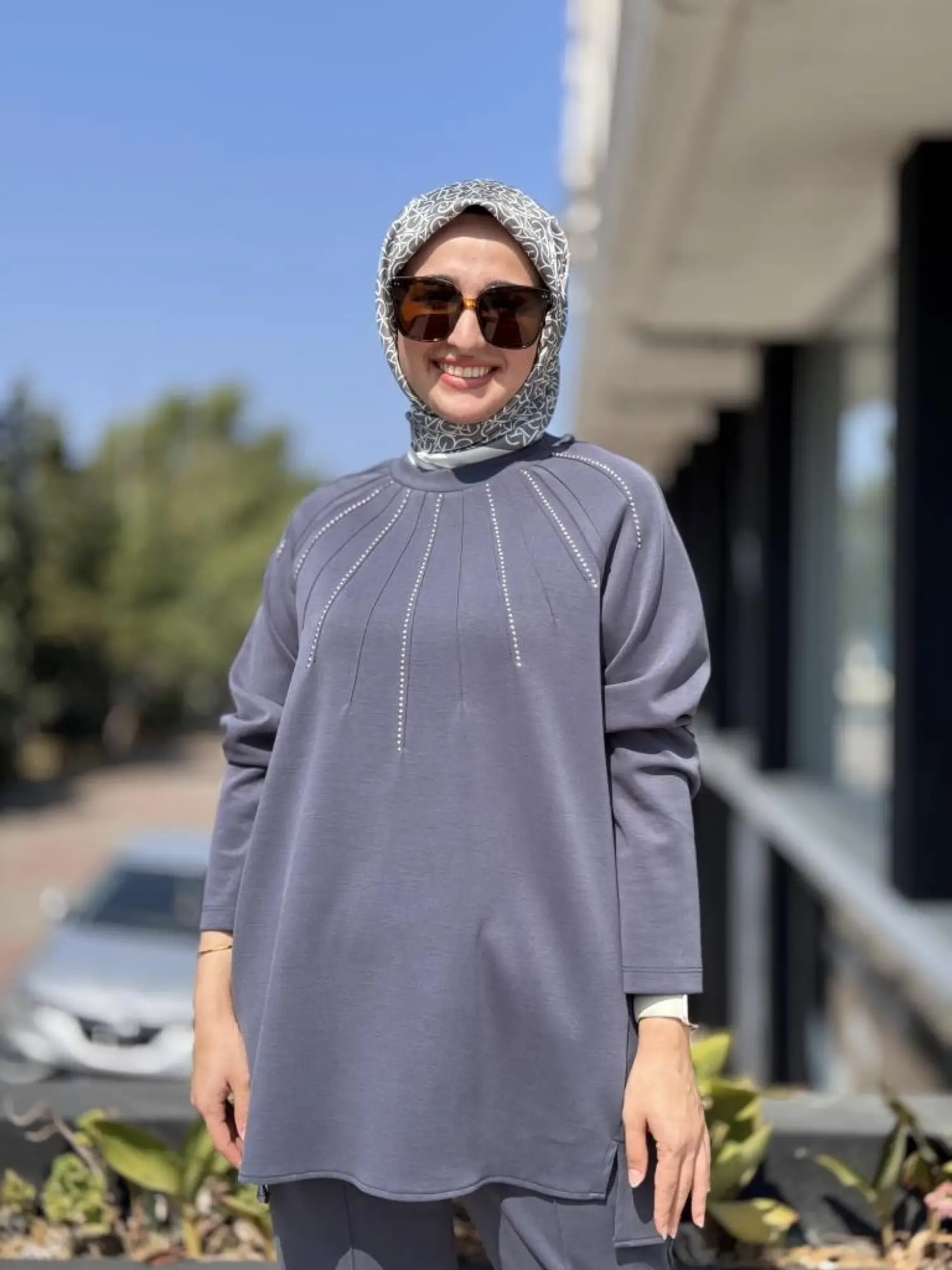 Tığ Triko Metal Süslemeli Nervürlü Tunik Pantolon Takım TKM3043