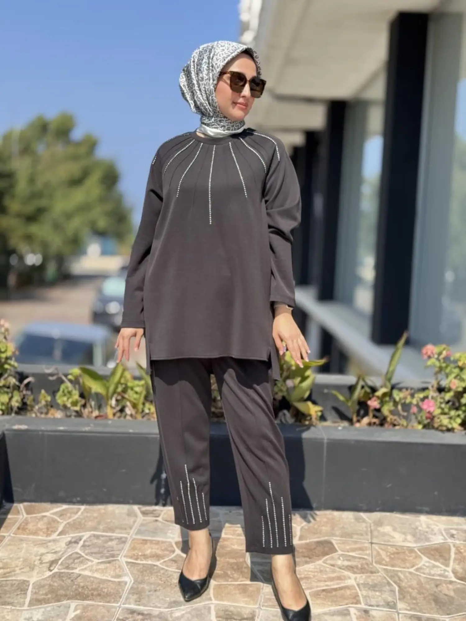 Tığ Triko Metal Süslemeli Nervürlü Tunik Pantolon Takım TKM3043