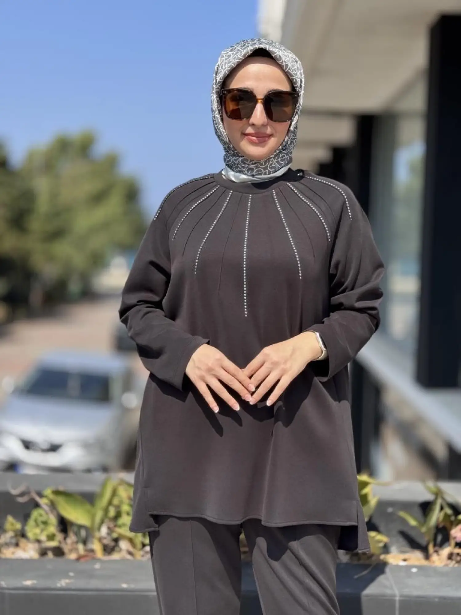 Tığ Triko Metal Süslemeli Nervürlü Tunik Pantolon Takım TKM3043