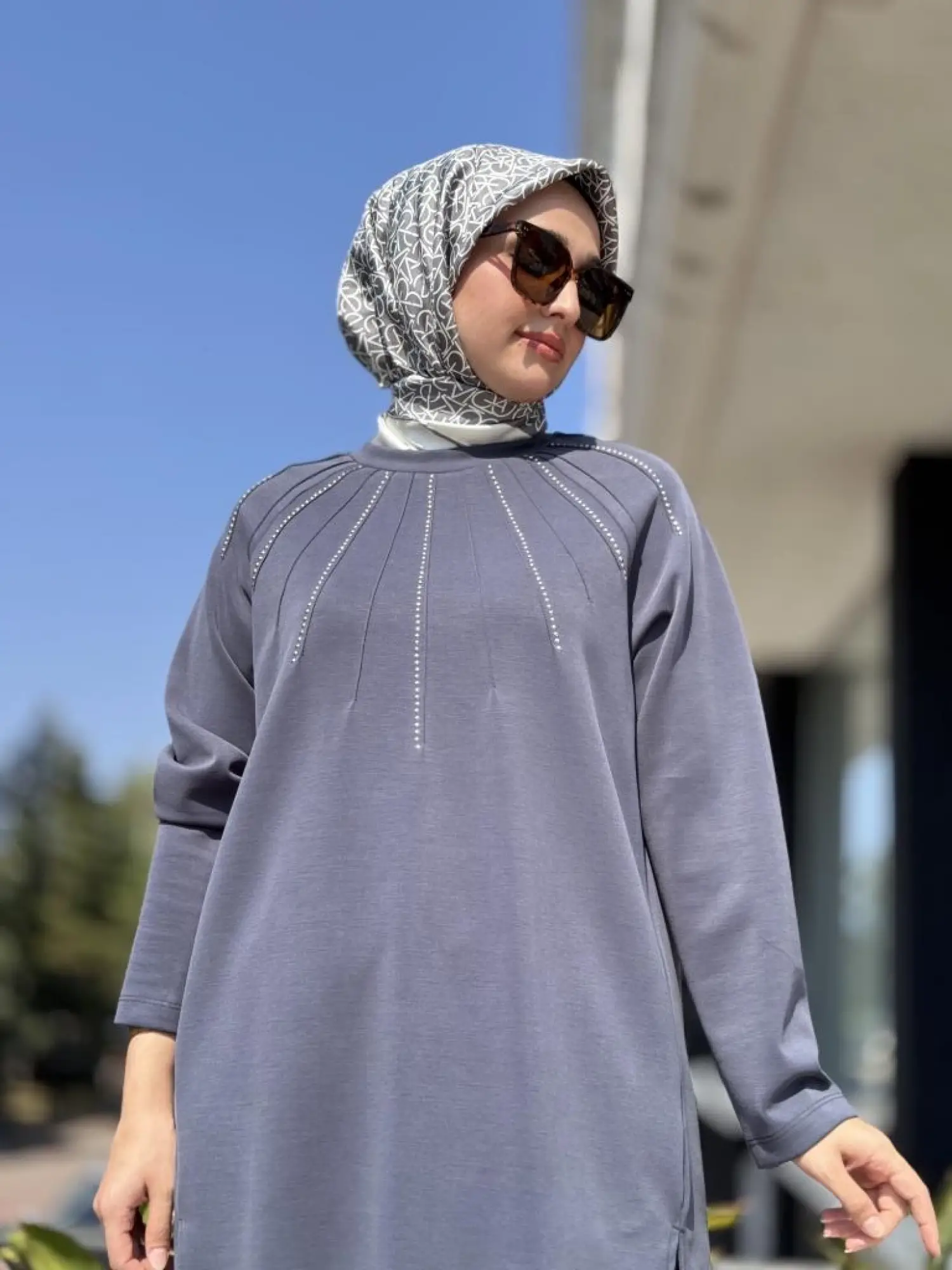 Tığ Triko Metal Süslemeli Nervürlü Tunik Pantolon Takım TKM3043