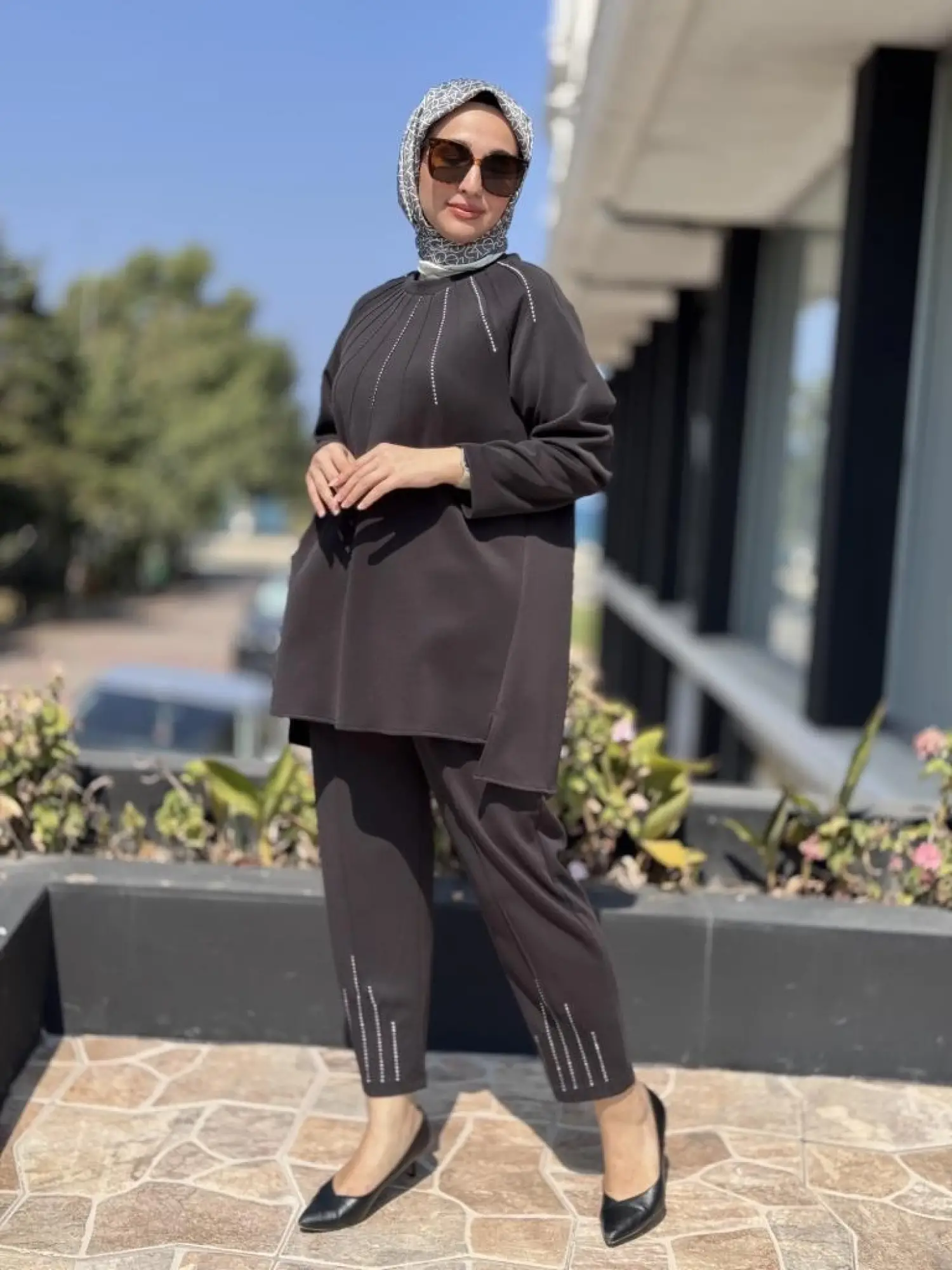 Tığ Triko Metal Süslemeli Nervürlü Tunik Pantolon Takım TKM3043