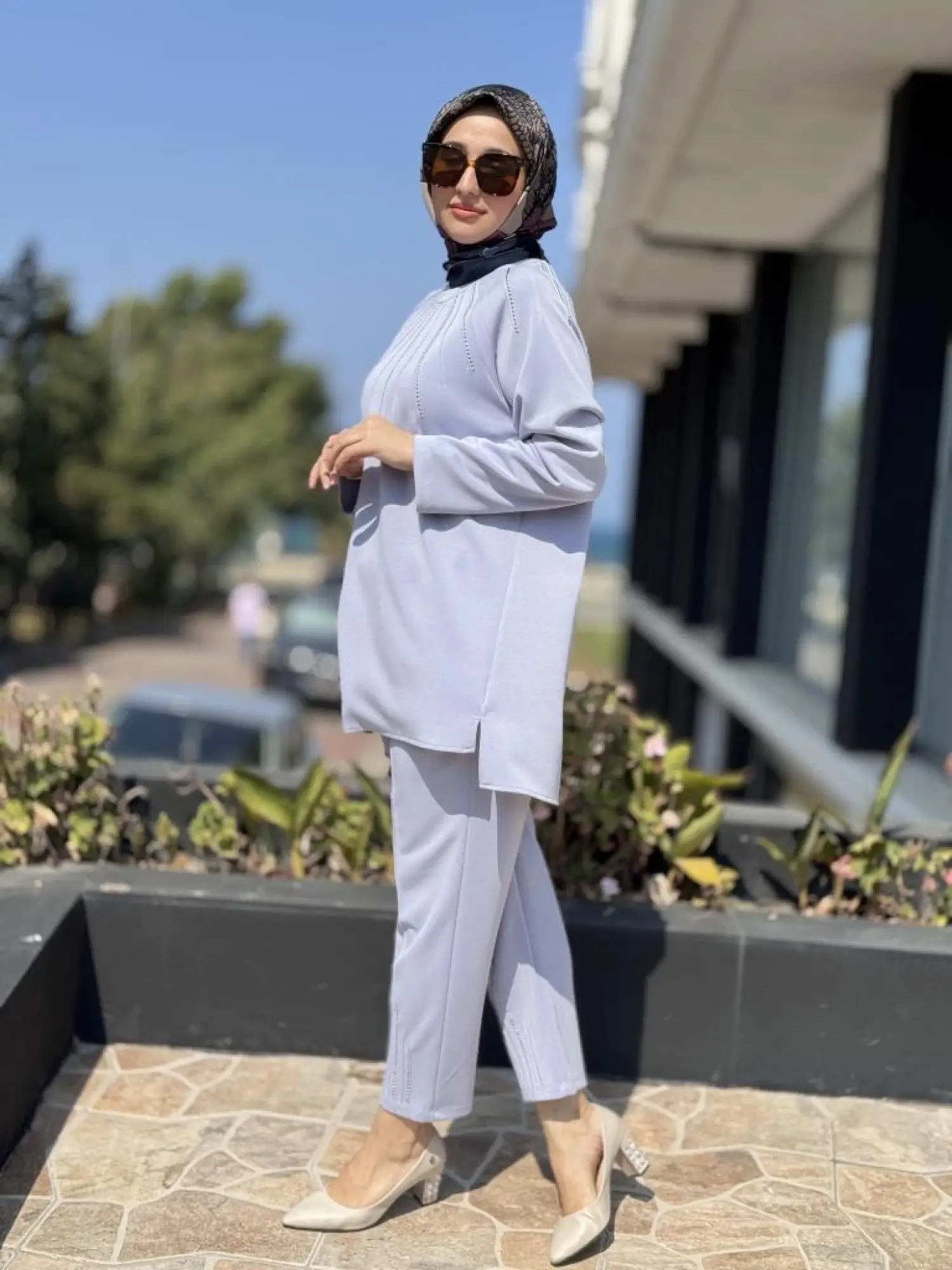 Tığ Triko Metal Süslemeli Nervürlü Tunik Pantolon Takım TKM3043