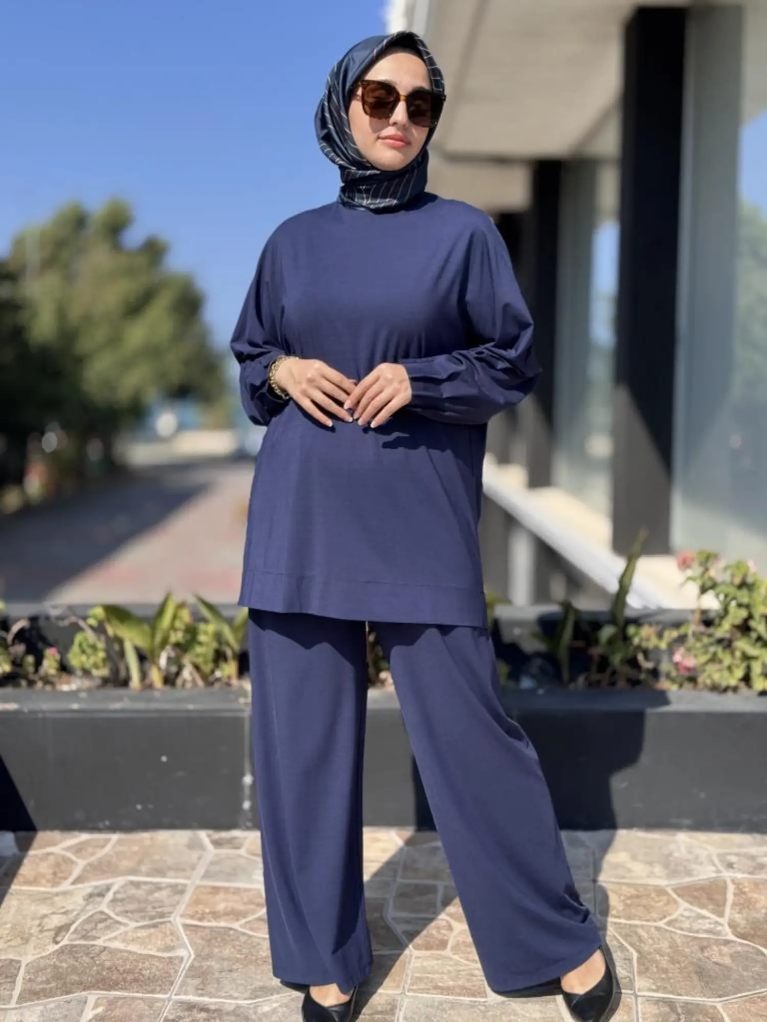 Tığ Triko Nervür Detaylı Tunik Pantolon Takım TKM3031