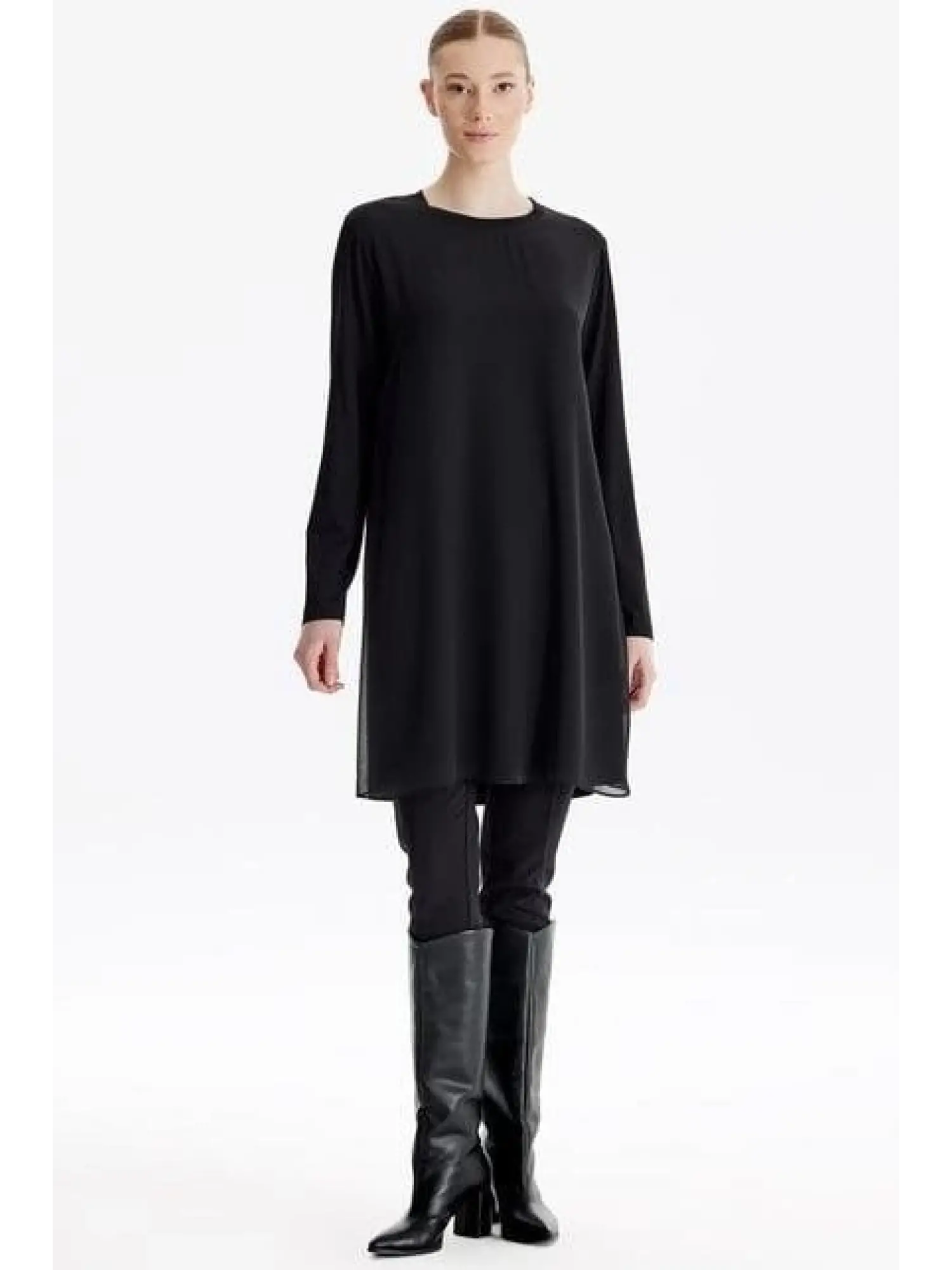 Tığ Triko Önü Şifon Sıfır Yakalı Uzun Kollu Penye Tunik TNK1815