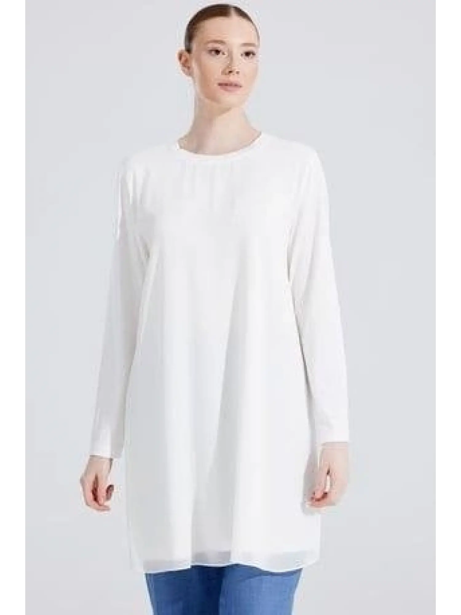 Tığ Triko Önü Şifon Sıfır Yakalı Uzun Kollu Penye Tunik TNK1815