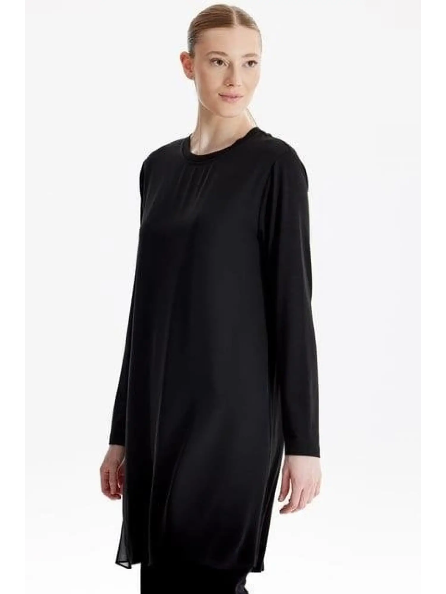 Tığ Triko Önü Şifon Sıfır Yakalı Uzun Kollu Penye Tunik TNK1815