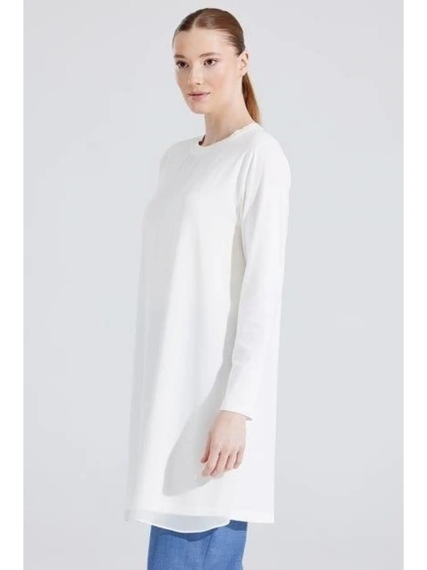 Tığ Triko Önü Şifon Sıfır Yakalı Uzun Kollu Penye Tunik TNK1815