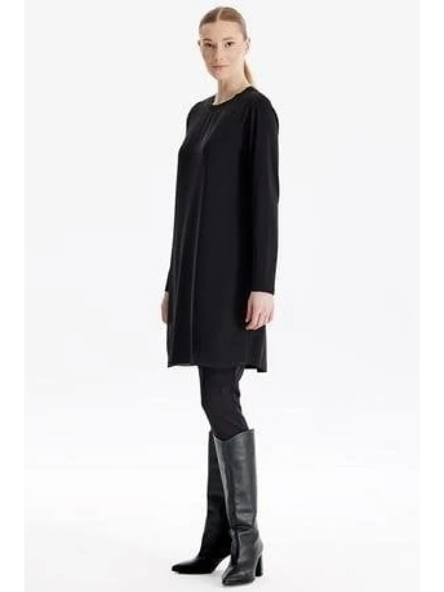 Tığ Triko Önü Şifon Sıfır Yakalı Uzun Kollu Penye Tunik TNK1815