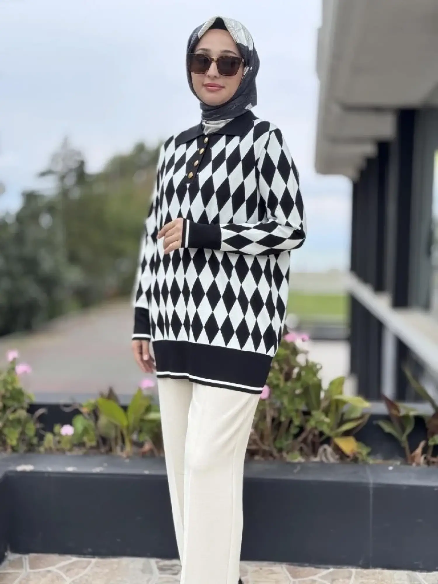 Tığ Triko Polo Yaka Baklava Desenli Tunik TNK21849