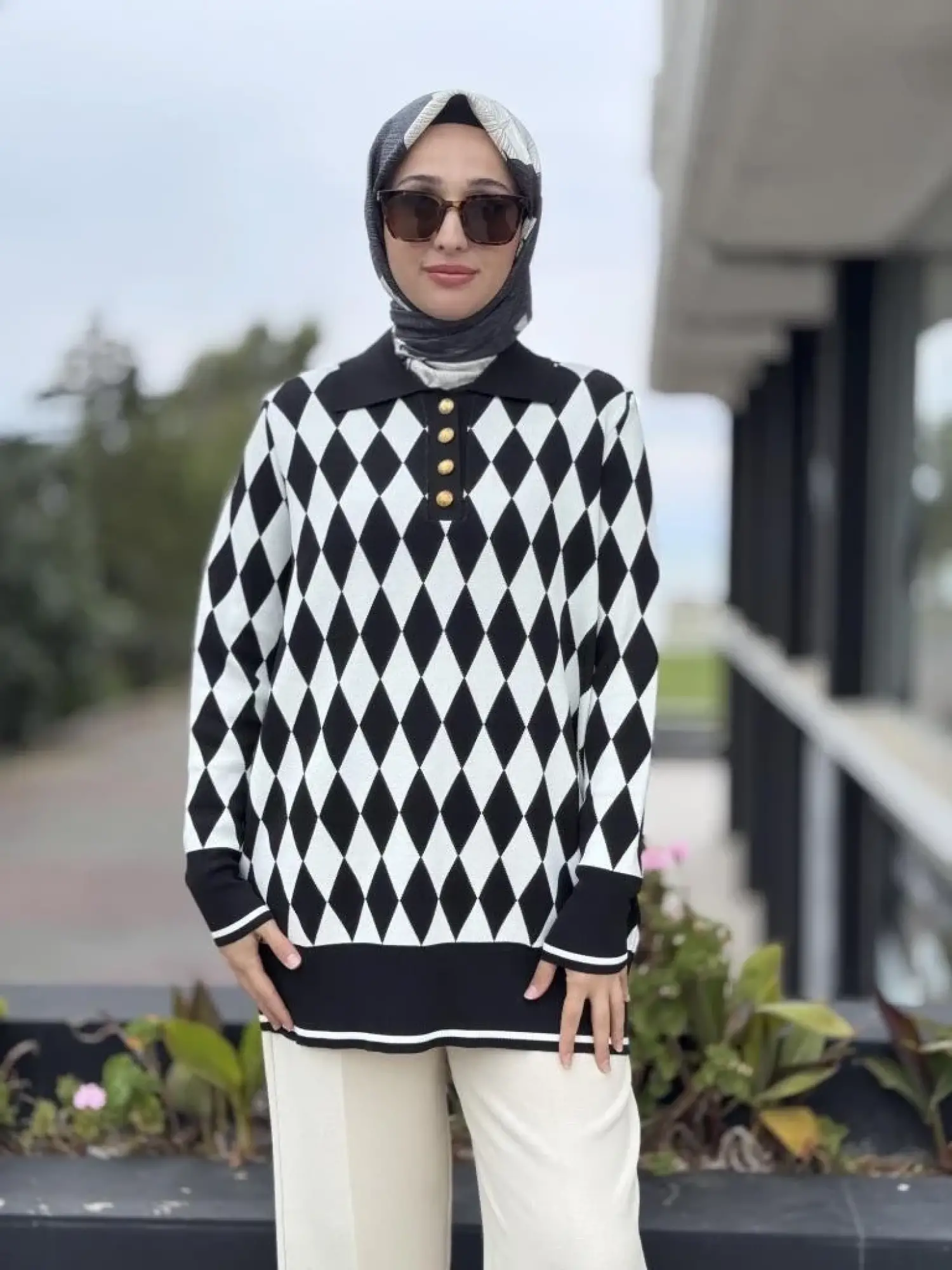 Tığ Triko Polo Yaka Baklava Desenli Tunik TNK21849