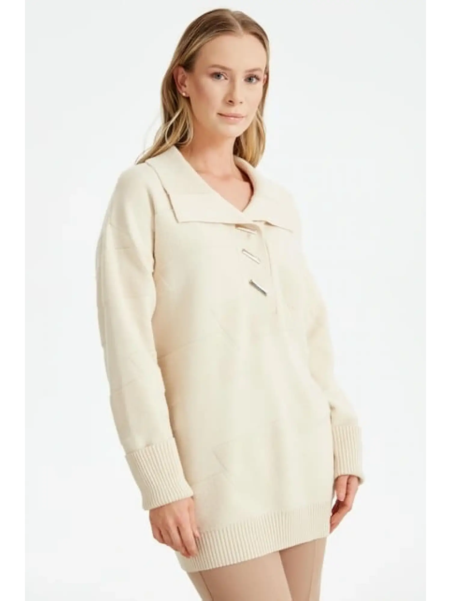 Tığ Triko Polo Yakalı Kabartma Örgülü Triko Tunik TNK21544