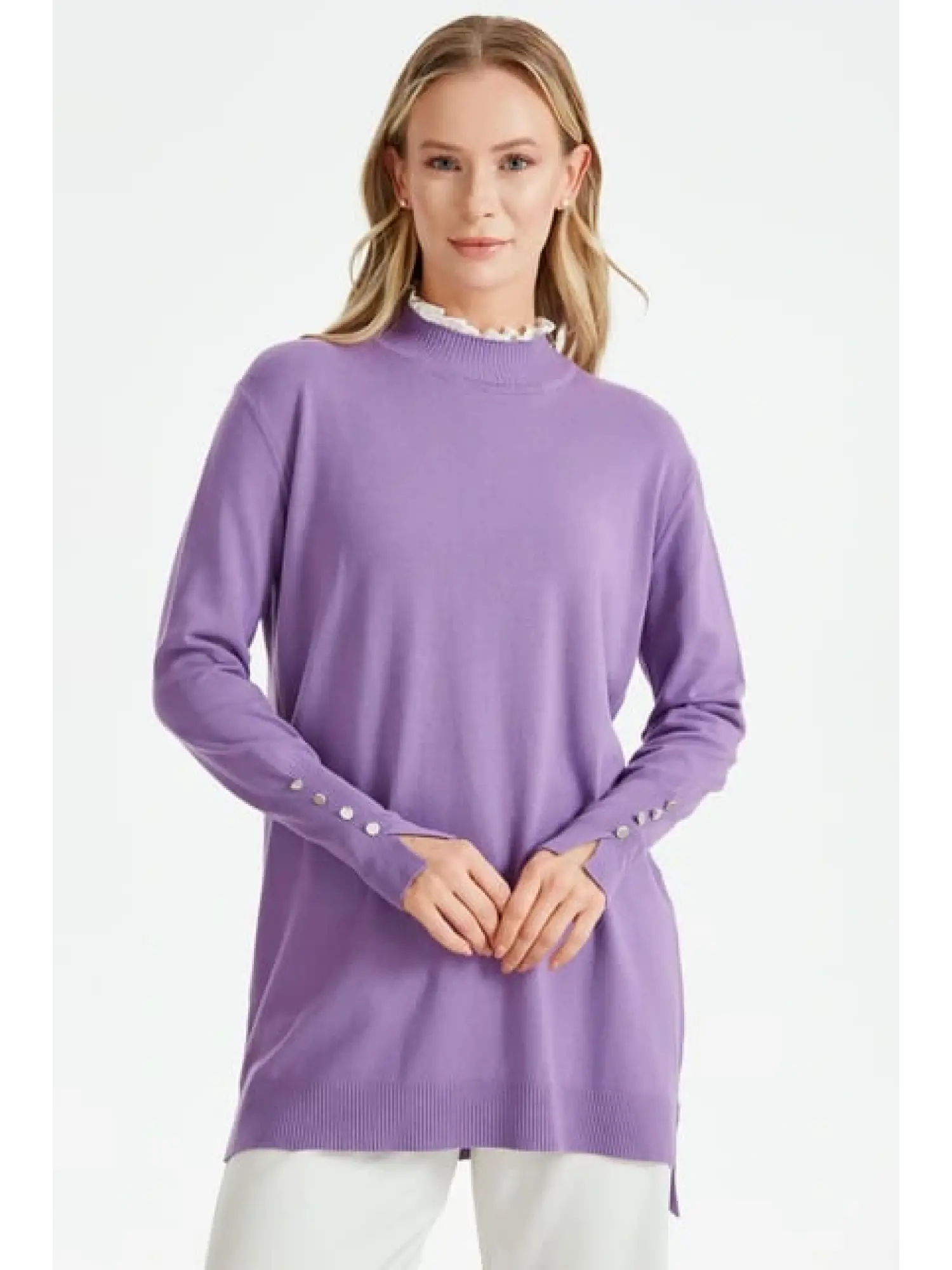 Tığ Triko Yakası Fırfır Detaylı Tunik TNK21486