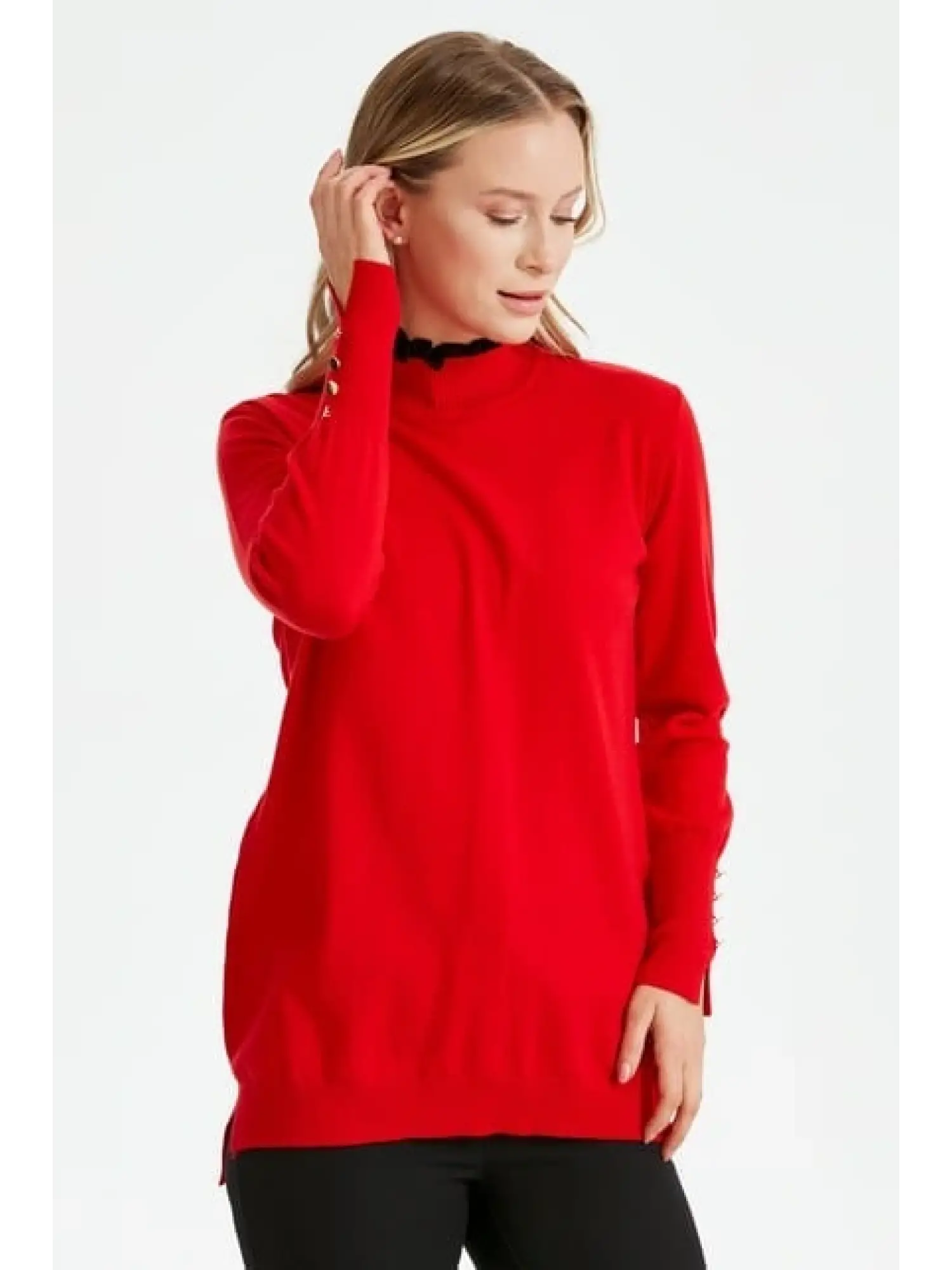 Tığ Triko Yakası Fırfır Detaylı Tunik TNK21486