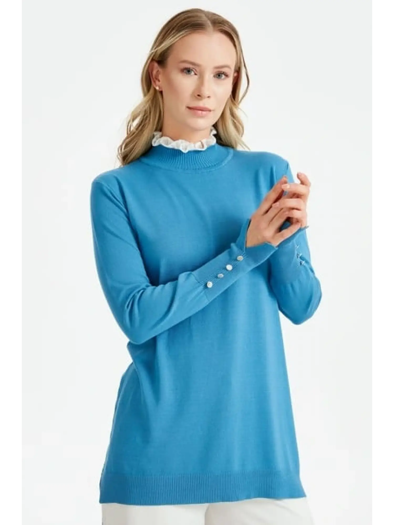 Tığ Triko Yakası Fırfır Detaylı Tunik TNK21486