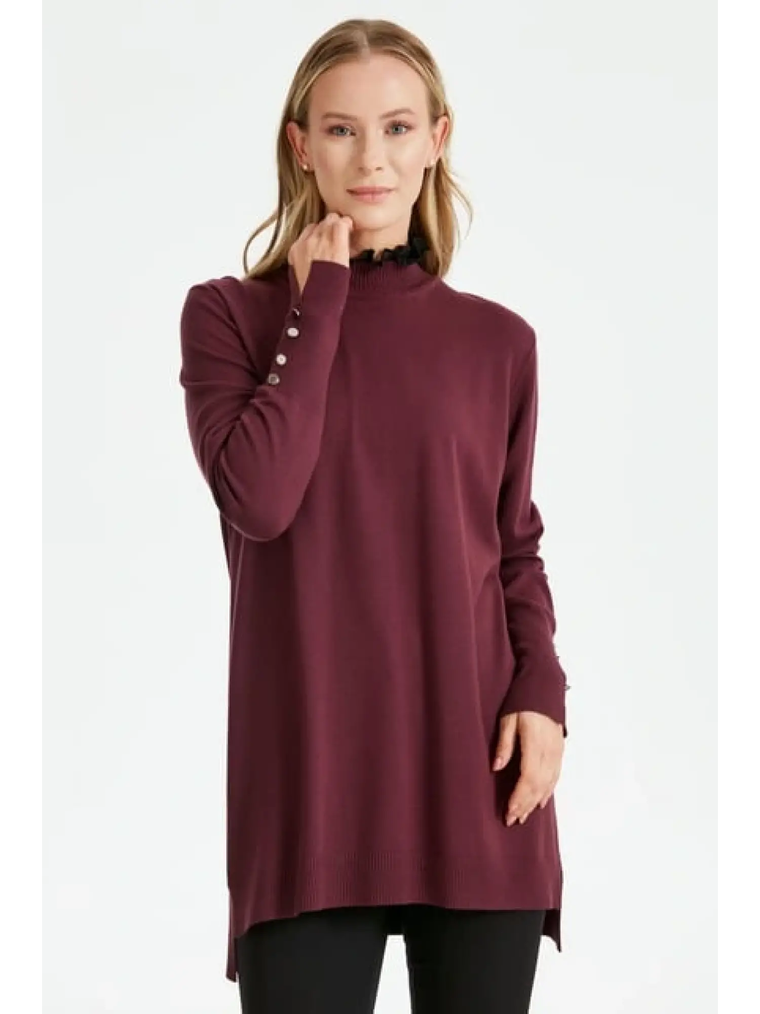 Tığ Triko Yakası Fırfır Detaylı Tunik TNK21486