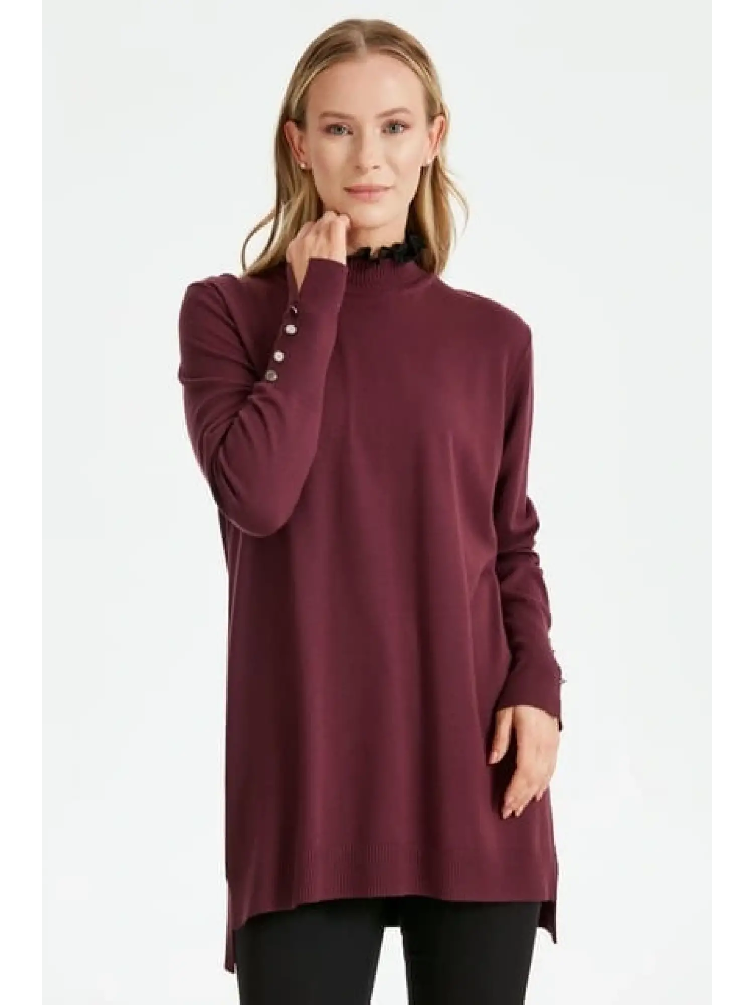 Tığ Triko Yakası Fırfır Detaylı Tunik TNK21486