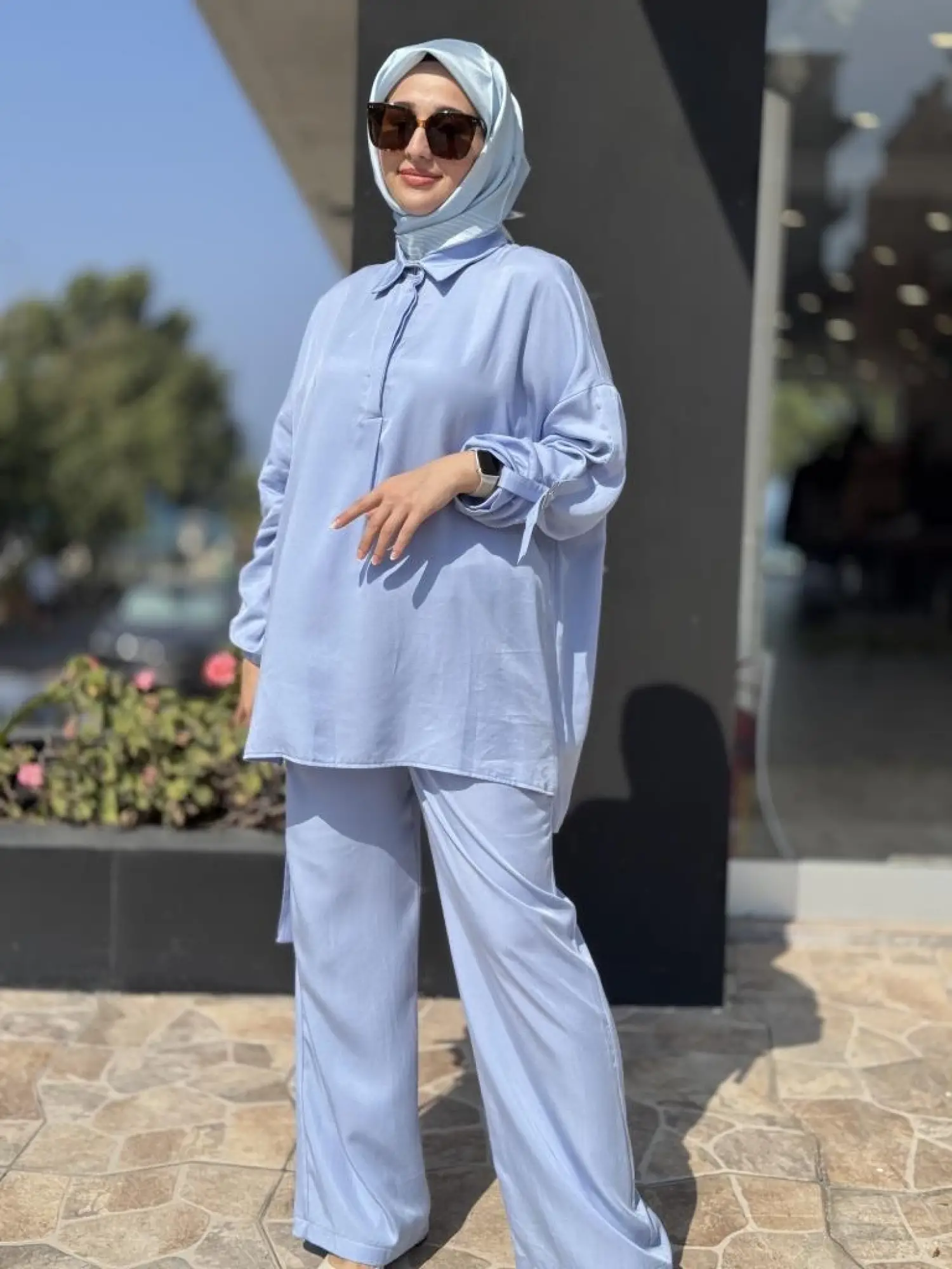 Tığ Triko Yarım Patlı Apoletli Tunik Pantolon Takım TKM3023