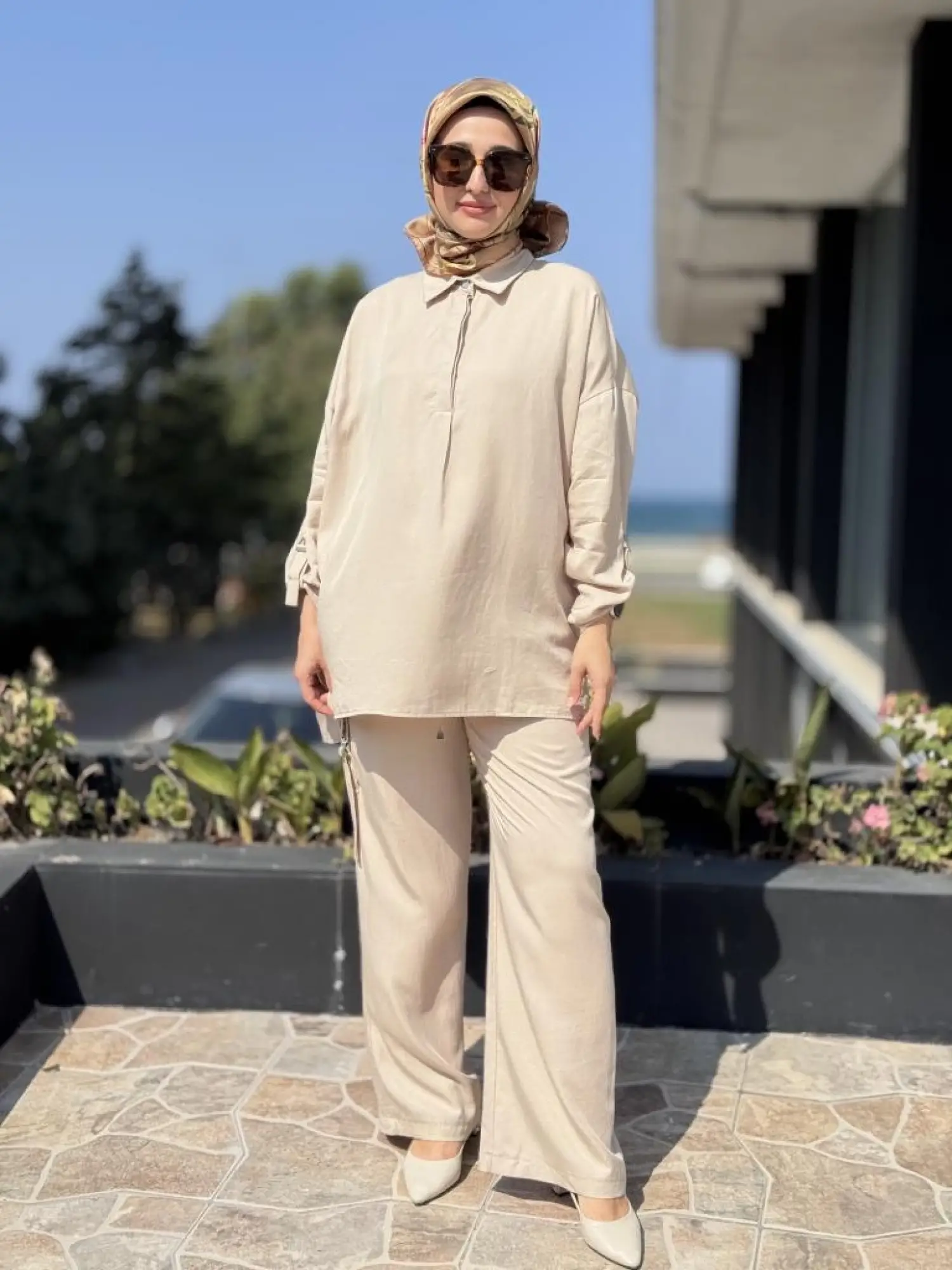 Tığ Triko Yarım Patlı Apoletli Tunik Pantolon Takım TKM3023