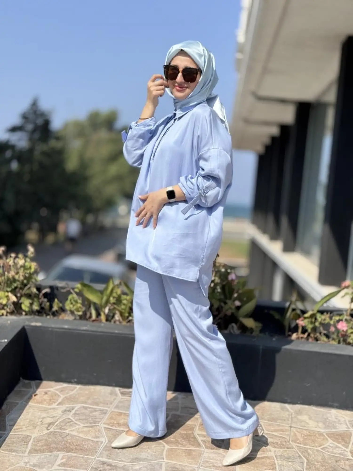 Tığ Triko Yarım Patlı Apoletli Tunik Pantolon Takım TKM3023