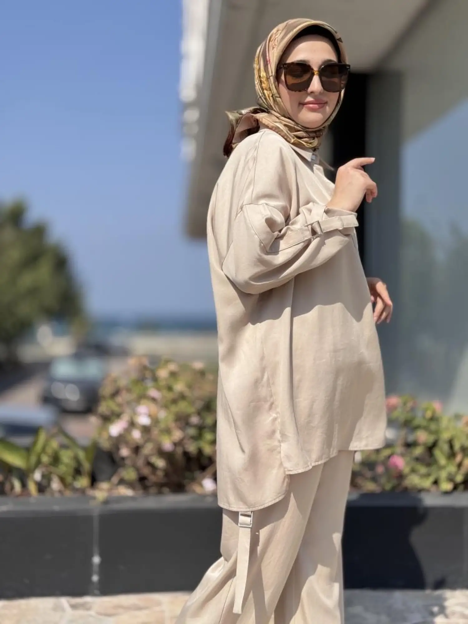 Tığ Triko Yarım Patlı Apoletli Tunik Pantolon Takım TKM3023