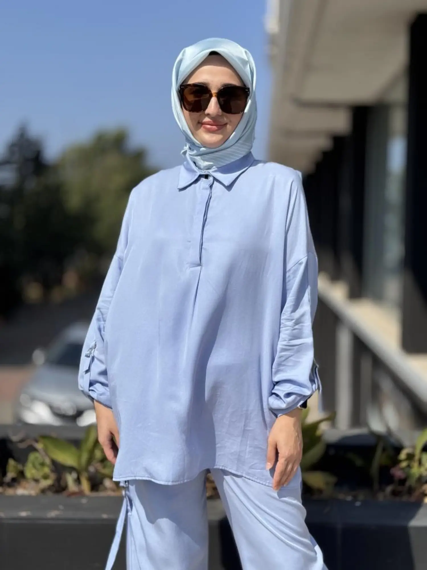 Tığ Triko Yarım Patlı Apoletli Tunik Pantolon Takım TKM3023