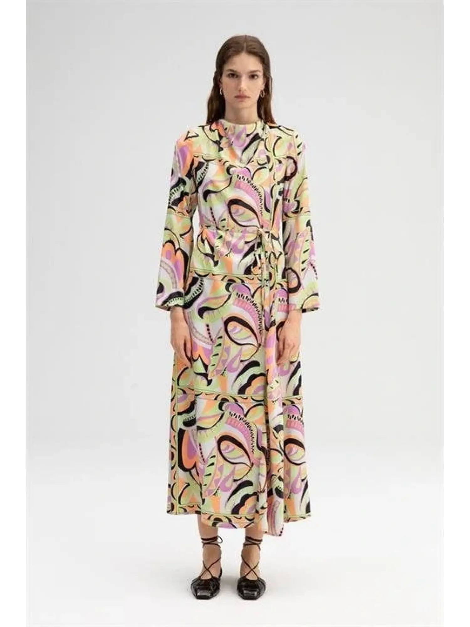 Touche Desenli Vatkalı Saten Elbise 23S1T032