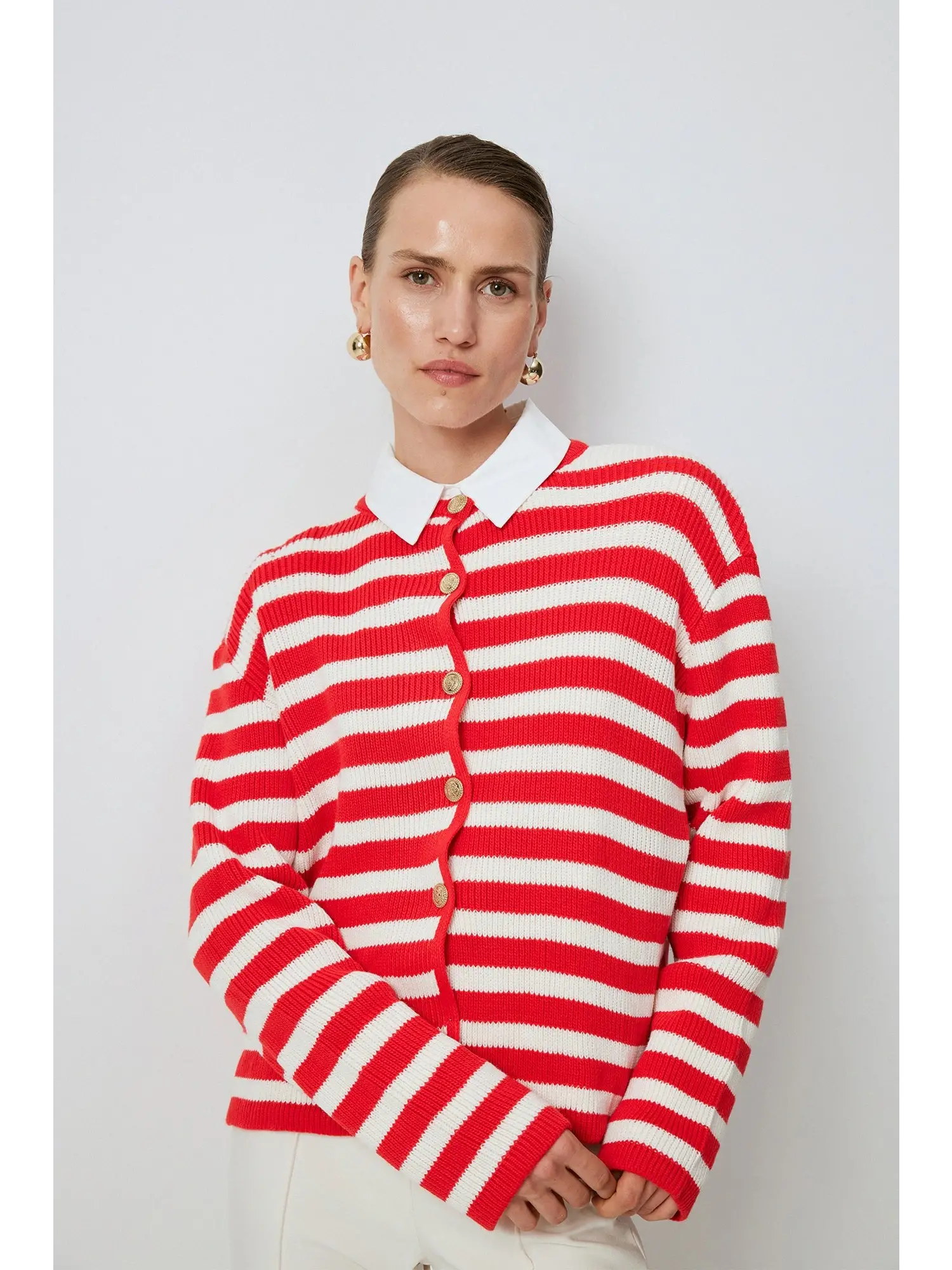 Touche Gold Düğmeli Çizgili Kısa Hırka 24F1XD025