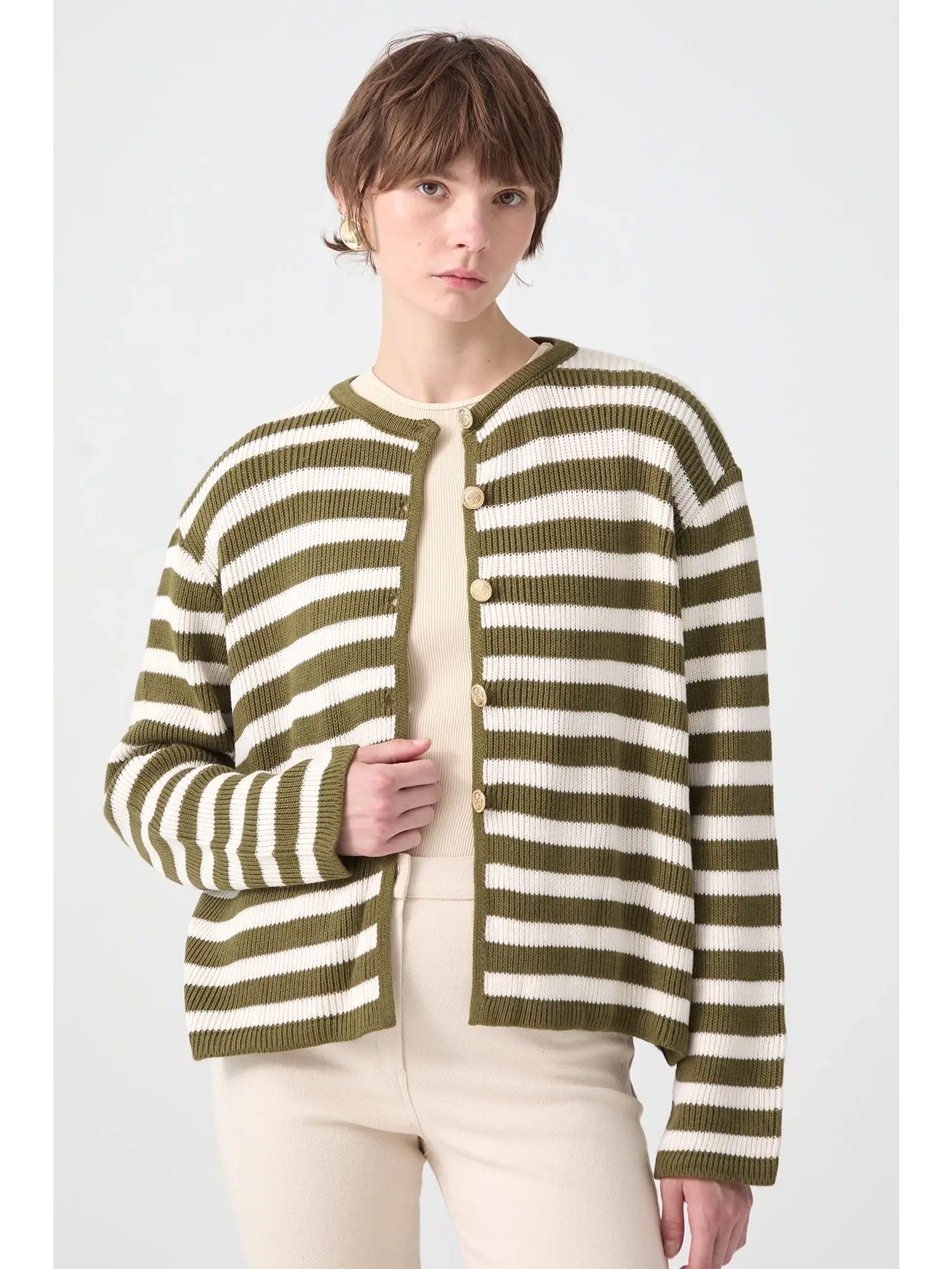 Touche Gold Düğmeli Çizgili Kısa Hırka 24F1XD025