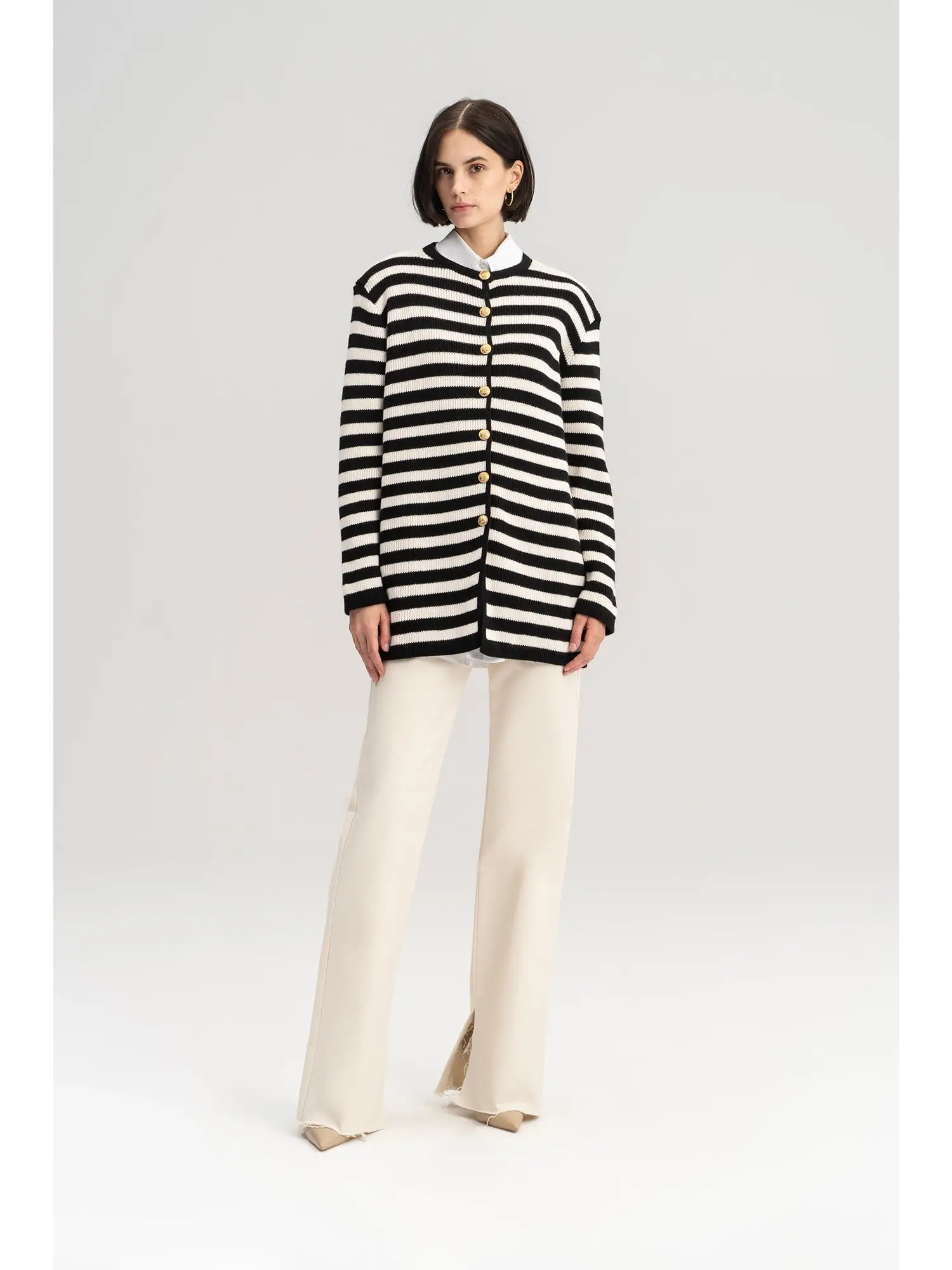 Touche Gold Düğmeli Çizgili Uzun Hırka 23F1XD166